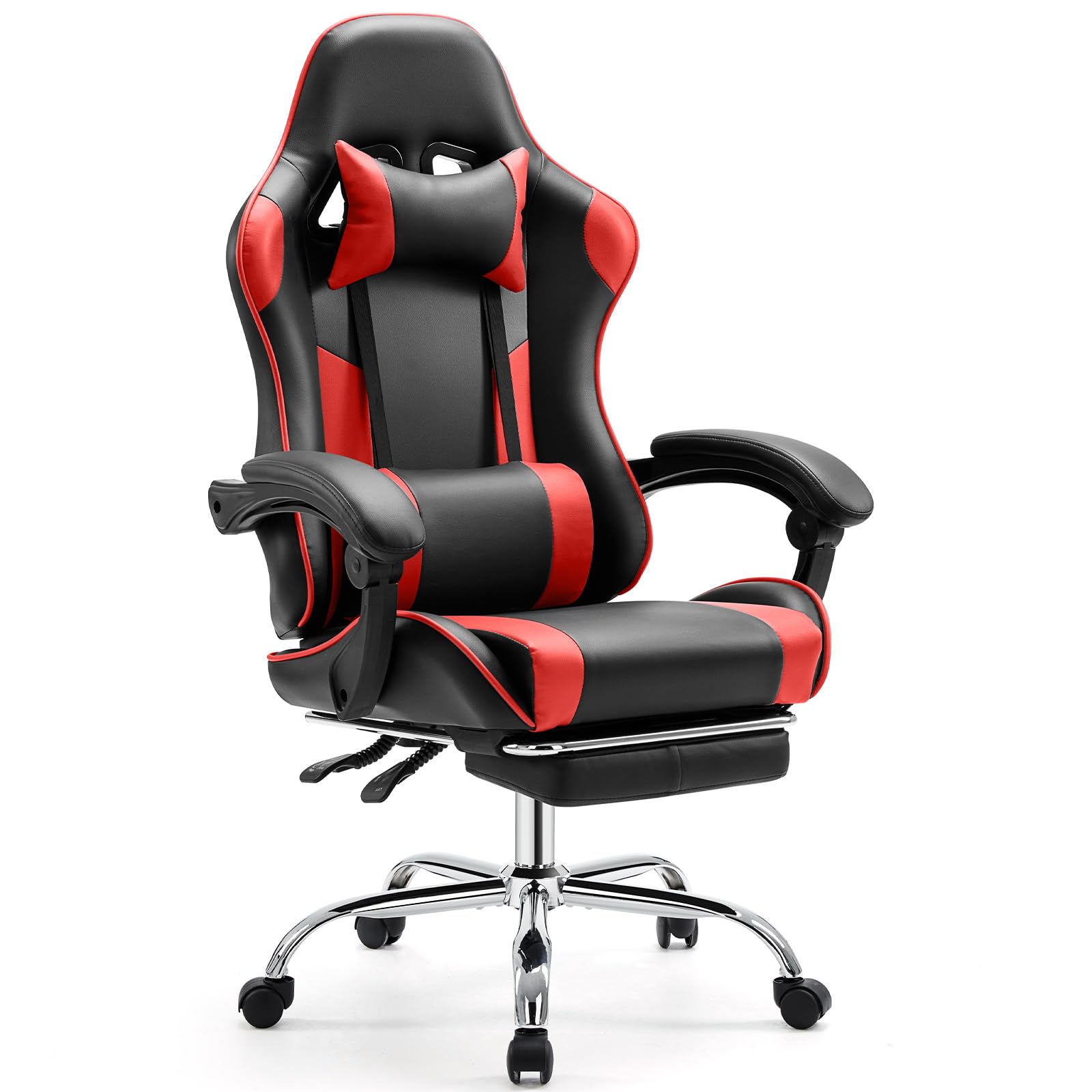 Elevon Ergonomic Video Game Computer Chairs with Footrest & Comfortable Lumbar Support,Height Adjustable Reclining Chair in PU Leather with Headrest and Fixed Armrests, 360° Swivel, Black&Red