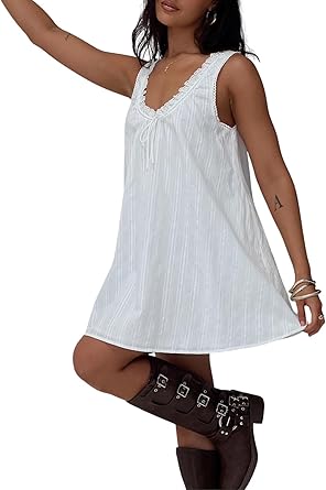 Womens Babydoll Tank Dress Y2k Lace Trim Square Neck Mini Dress Loose Aesthetic Sleeveless Flowy Backless Short Sundress