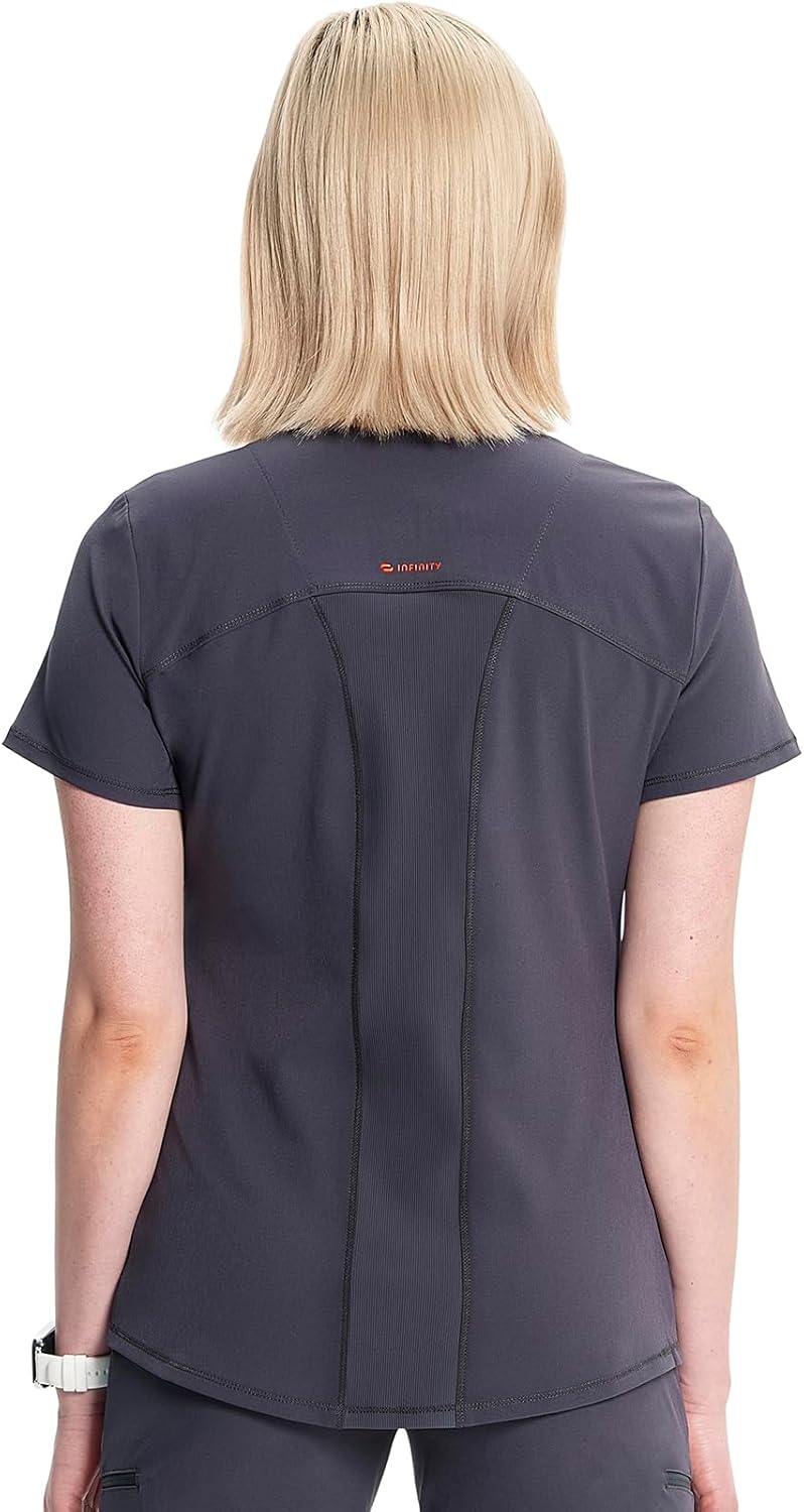 Cherokee Infinity Womens V-Neck Scrub Top, Kangaroo Pocket, High-Low Hem, Rib-Knit Panels & PROTX2 Technology - IN620A