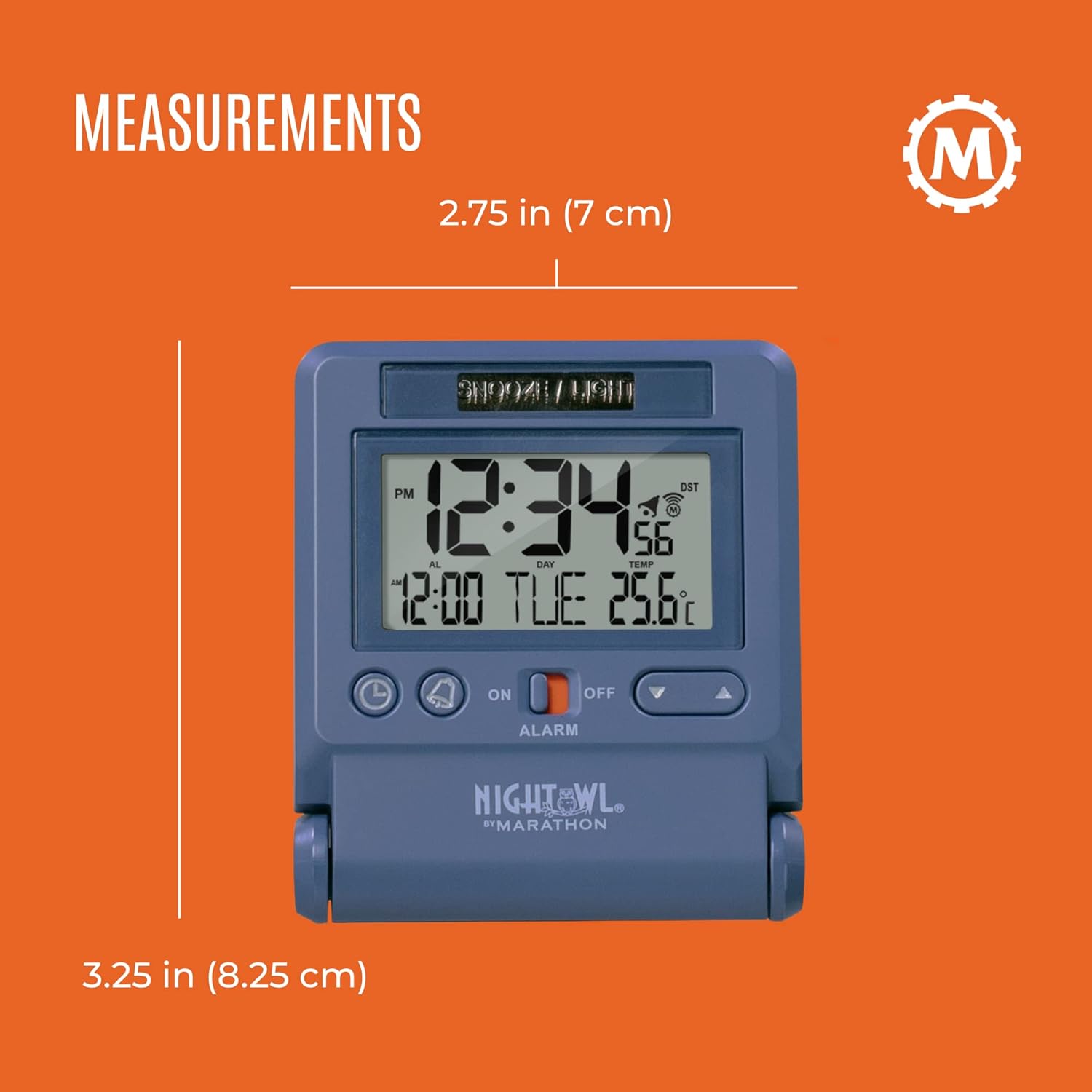 Diagram showing the dimensions of the MARATHON Atomic Travel Alarm Clock.