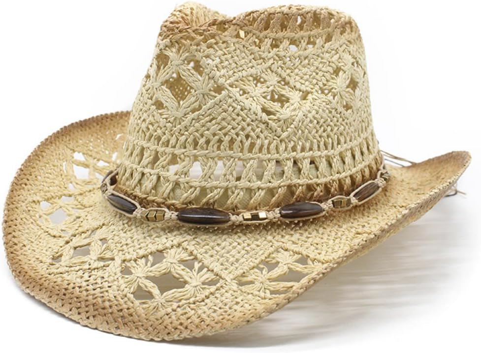Western Straw Cowboy Hat with Beaded Band, Hollow Weave Design, Brown