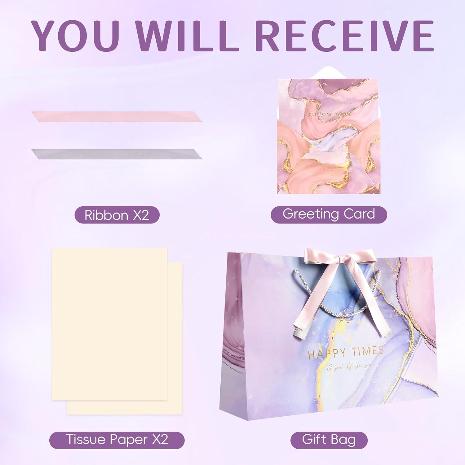 YoungTree Large Gift Bag with Tissue Papers and Greeting Card Two-Tone Ribbon, Purple Marble Pattern Gift Bags, Birthday Gift Bag with Handles, Present Bags for Valentines Day Wedding Party Supplies - Image 2