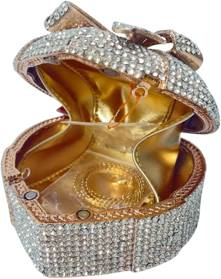 Elegant Heart Rhinestone Evening Bag Heart-Shaped Bow Gift Box Crystal Purse for Women Prom Wedding Clutch