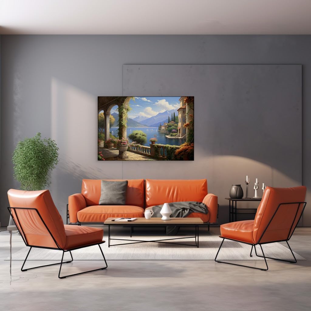 Canvas for Living room. Serene Lakeside Haven: Blossoms and Boats Amidst Mountain Splendor, 27 x 18 inch Canvas Wall Art - Contemporary Masterpieces - Modern Home Decor - 69x46 cm (27x18 inch)