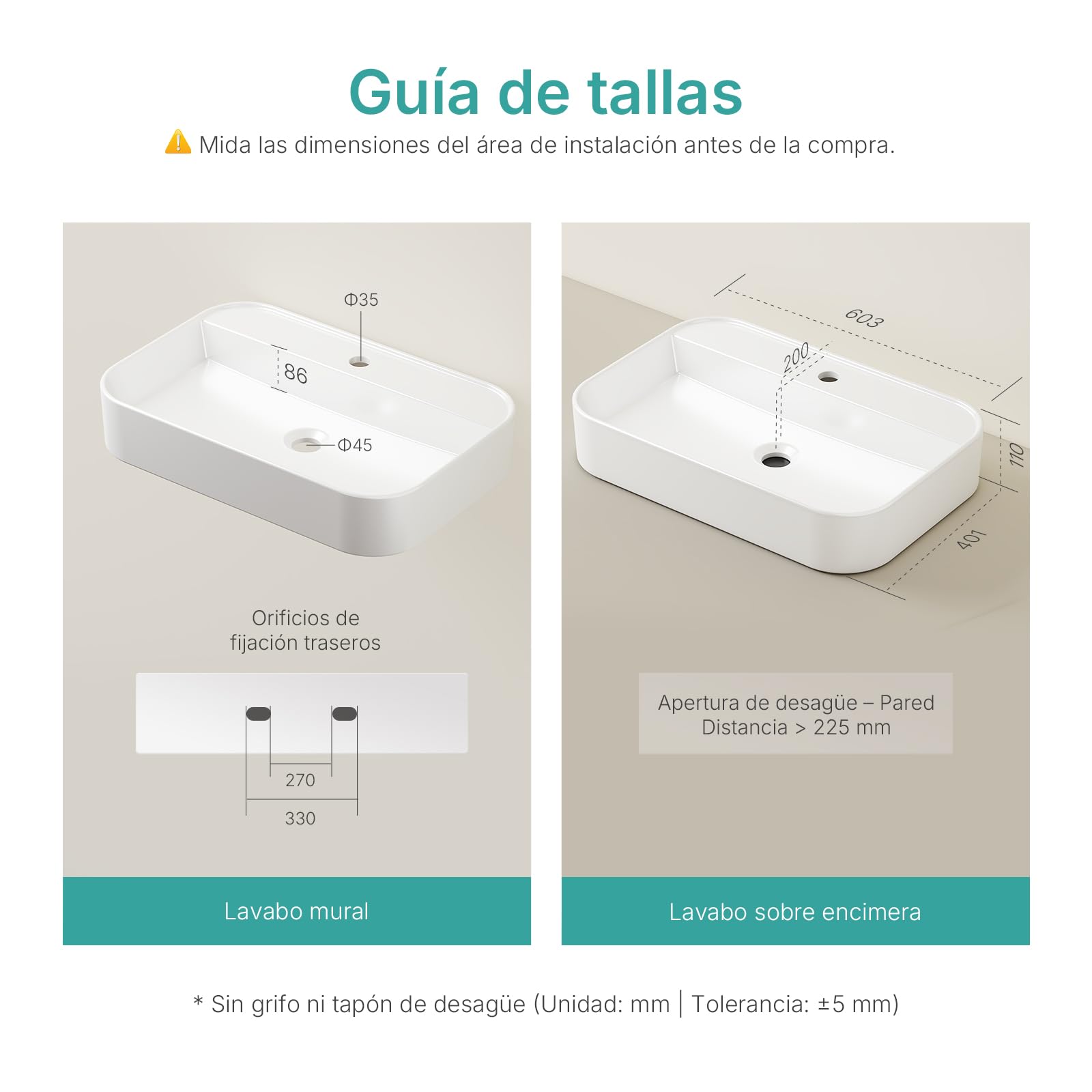 EMKE Lavabo Rectangular 60 x 40 x 11 cm, Blanco Brillante | Lavamanos de Cerámica, Lavabo Suspendido de Pared o Sobre Encimera para Baño y Aseo de Invitados (Solo Lavabo)