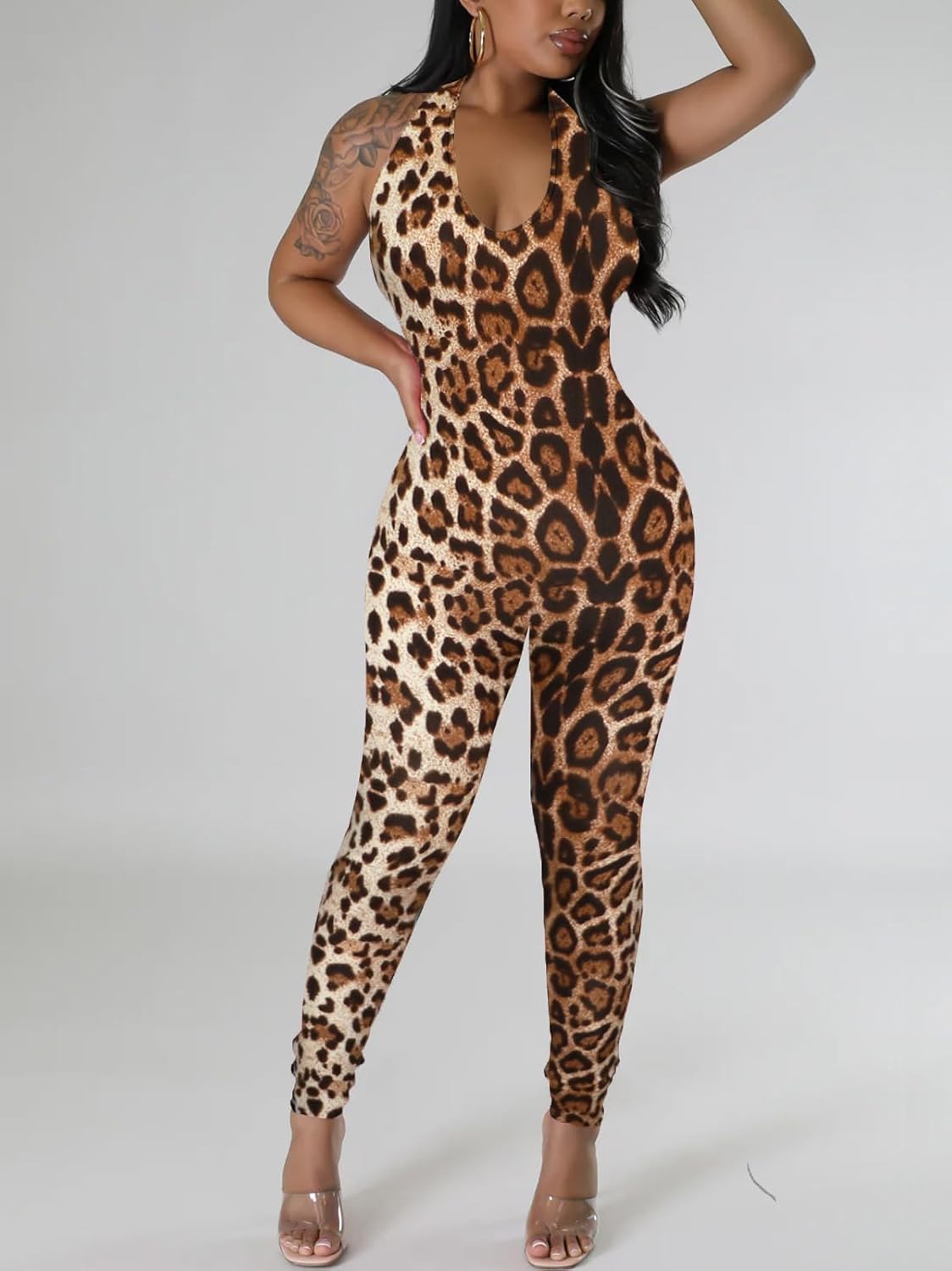 Women's Halter Bodycon Black Jumpsuits - One Piece Backless Leopard Summer Casual Workout Club Pants Rompers Outfits Catsuits - Image 3