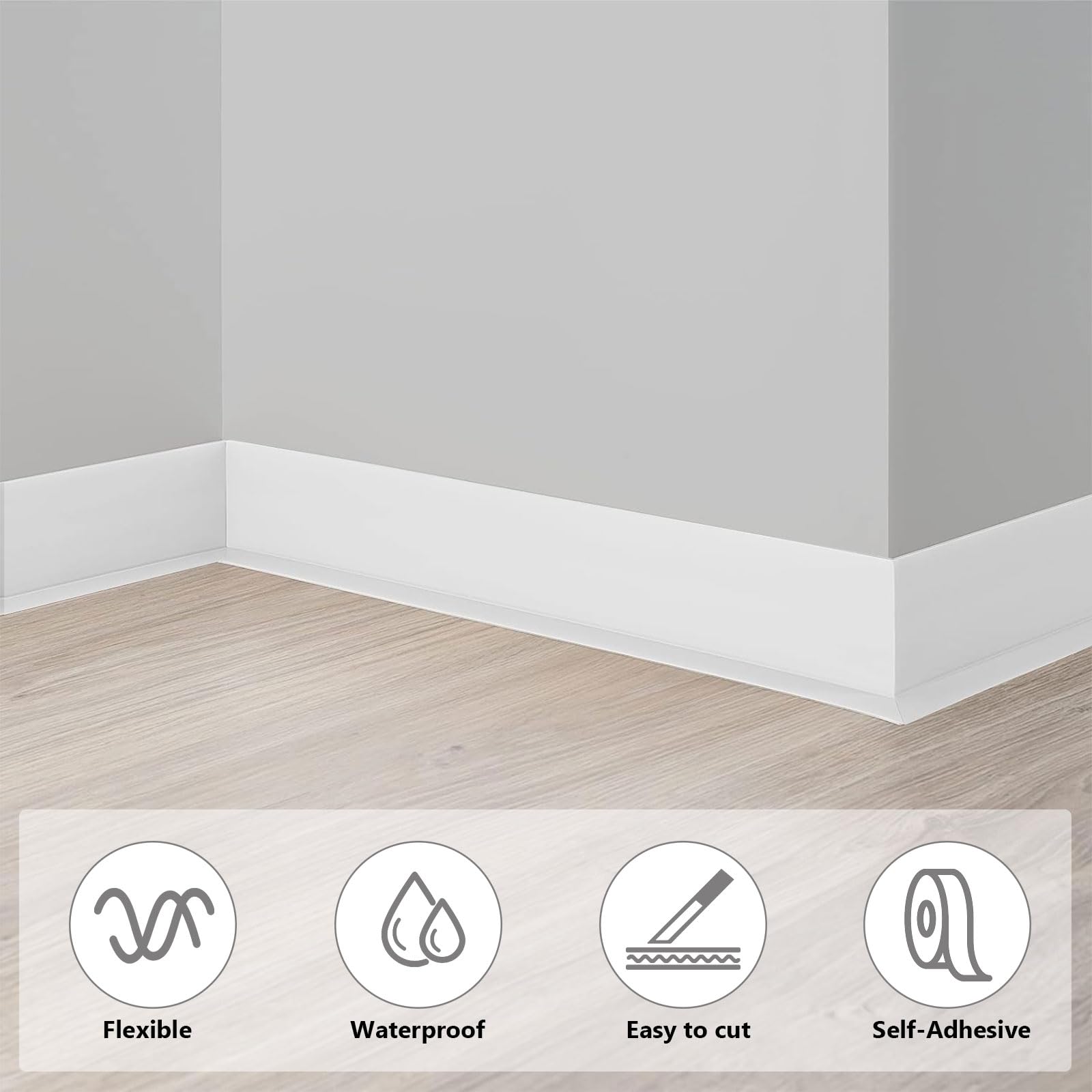 Rodapié PVC Autoadhesivo Antimoho 70 mm x 20 mm x 12 m, Flexible Impermeable Fácil Instalación para Cocina Baño Oficina, Blanco