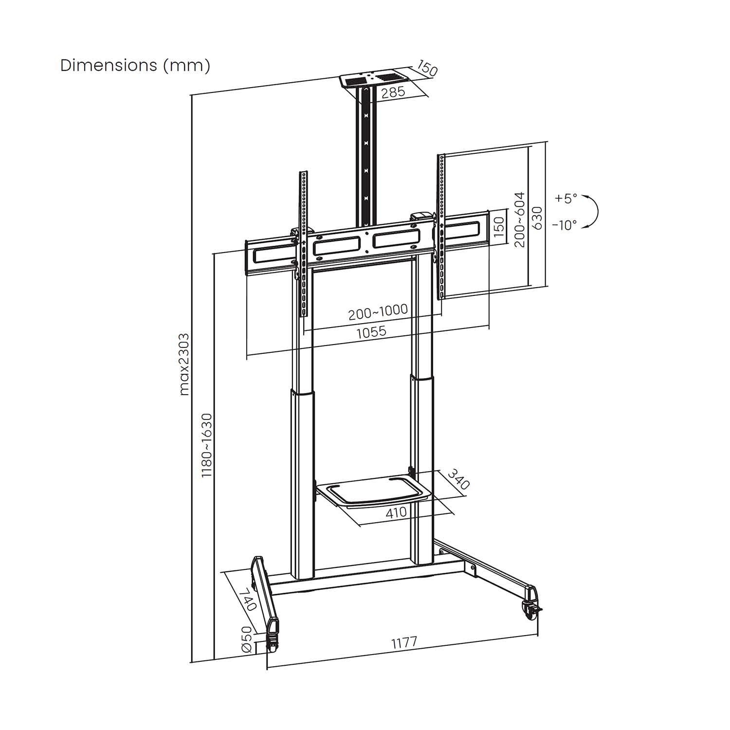 AISENS - FT100TE-403 - Soporte DE Suelo Eco con Ruedas Y MANIVELA, Bandeja para DVD Y Soporte DE CÁMARA para Monitor/TV 120KG DE 60-100, Negro