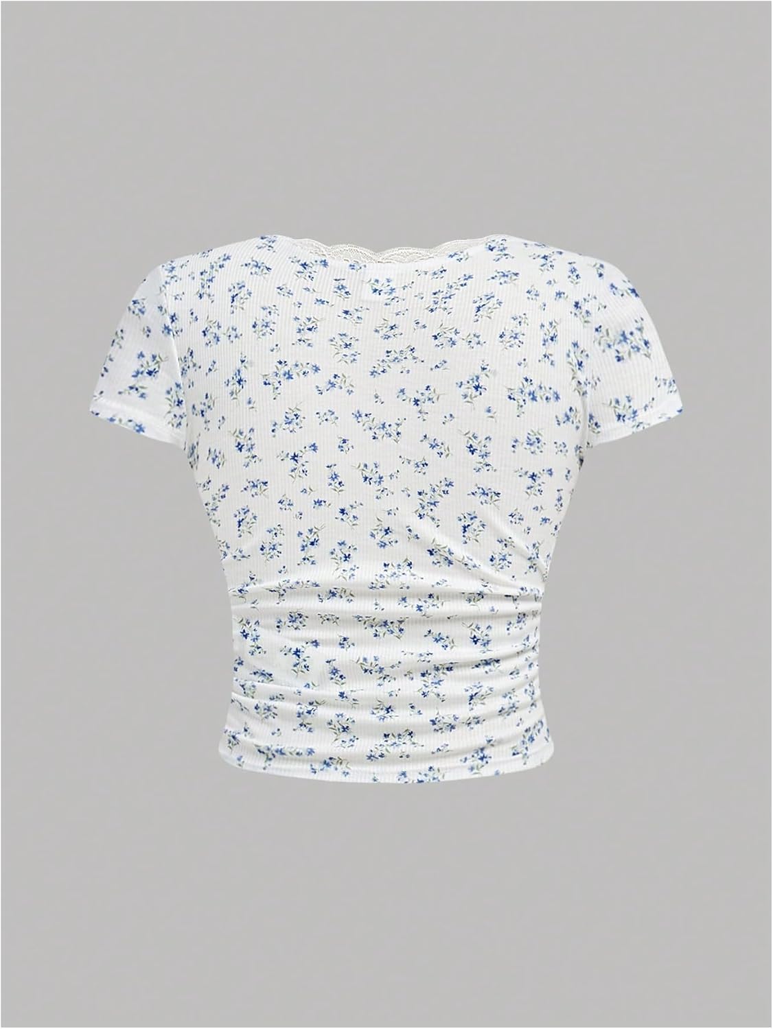Girl's Ditsy Floral Print Lace T Shirt Short Sleeve Ribbed Ruched Cute Tee Shirts Summer Tops - Image 3