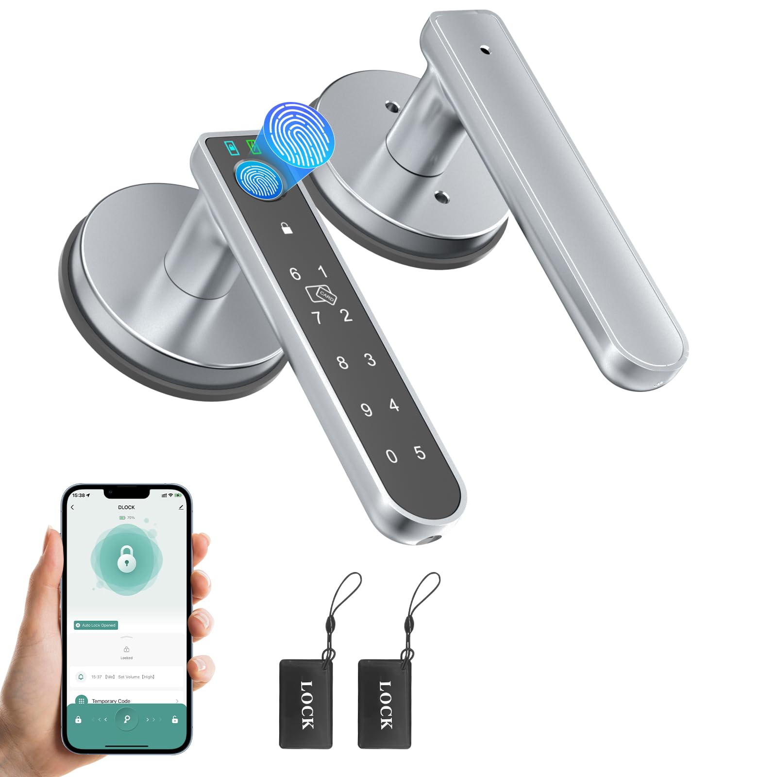 Fingerabdruck-Türschloss, Fingerabdruck-Türknäufe Daumenabdruck Türknauf mit App-Steuerung/Fingerabdruck/IC-Karten/Codes/Schlüssel, Smart Lock für Schlafzimmer Home Apartment Grau