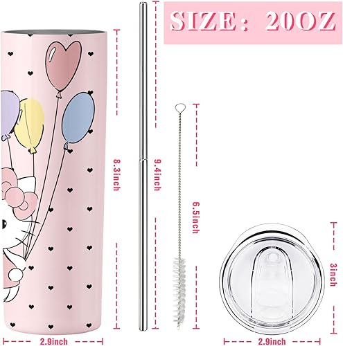 Miniatura 6 de Cute Kity - Vaso de Kity para adultos, regalos para mujeres, vaso delgado de corazón de Kity de dibujos animados, de 20 onzas, reutilizable, con