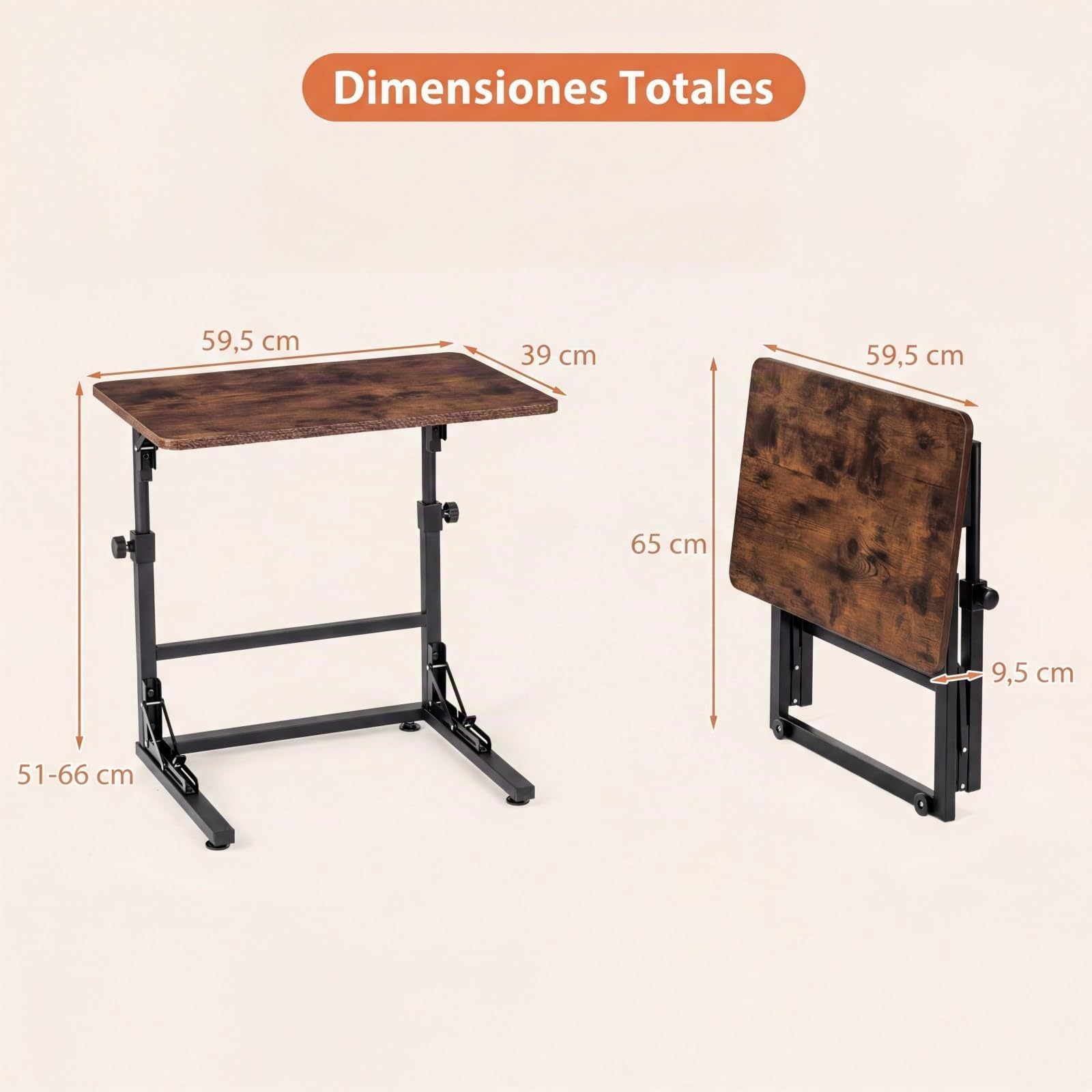 COSTWAY Mesa Auxiliar Plegable en Forma de C, Mesita Lateral para Sofá, Altura Ajustable y Estructura Metálica, Escritorio Industrial para Ordenador Portátil, Salón, Dormitorio, 59,5 x 39 x 51-66 cm