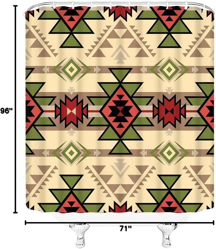 GCTNBJL Aztec Shower Curtain Southwestern Tribal Retro Native American Ethnic Navajo Vintage Abstract Geometric Boho Southwest Colorful Hipster Bathroom Curtain with Hooks,Green Red Beige