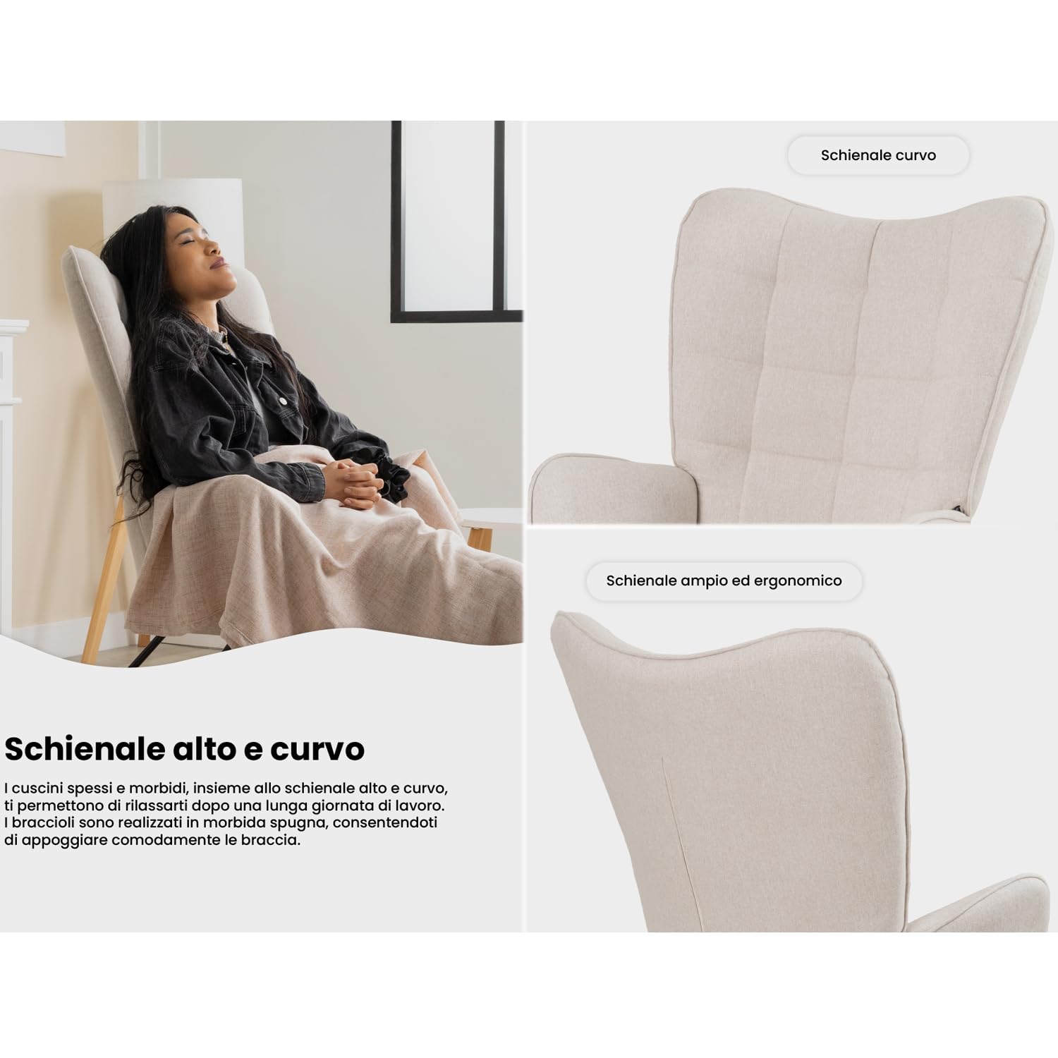 MEUBLE COSY Sedia a Dondolo Poltrona Imbottita Relax con Braccioli Schienale Alto per Soggiorno Cameretta in Tessuto con Gambe in Legno