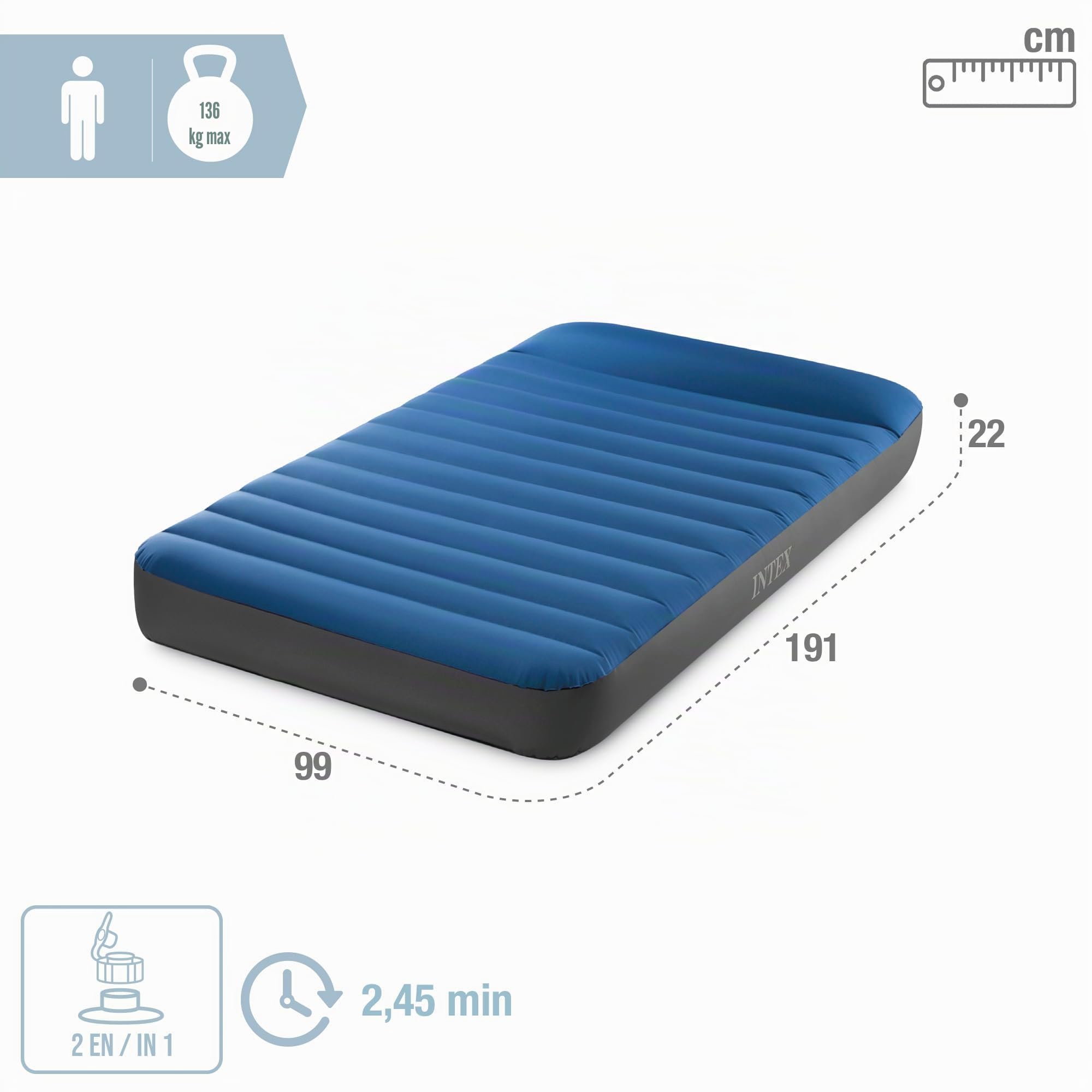 Intex Twin Dura-Beam Premaire Camping Mattress w/ USB150, Inflated Size: 99cm x 1.91m x 22cm (64011)