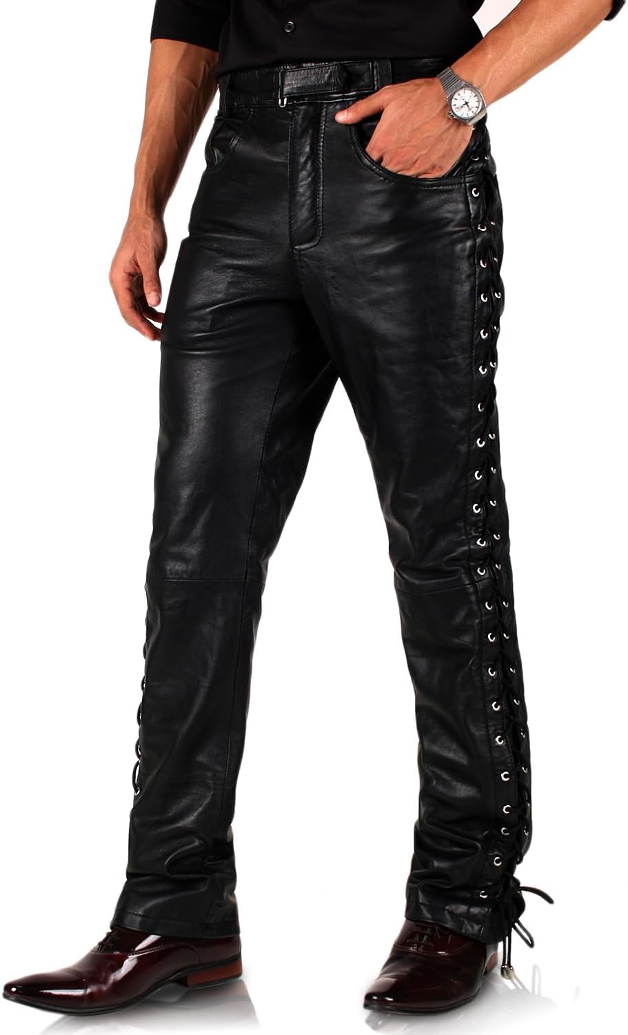 Men’s Lacelane Leather Pants (Black, Laced Leather Pants) - 2504004
