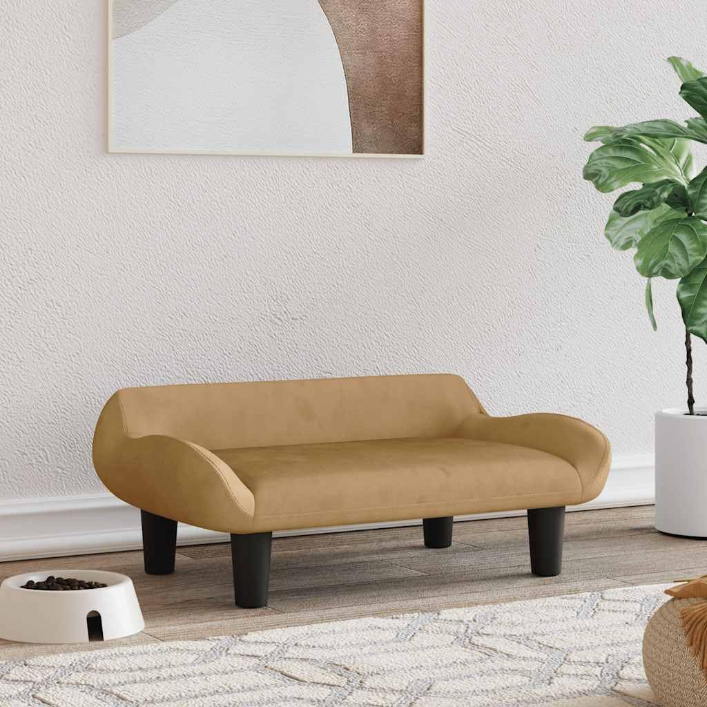 Cama para perros marrón, 70 x 40 x 24 cm, sofá de terciopelo con marco de madera de pino resistente y acolchado suave para mascotas, cómodo espacio para dormir, diseño para salón, relajación