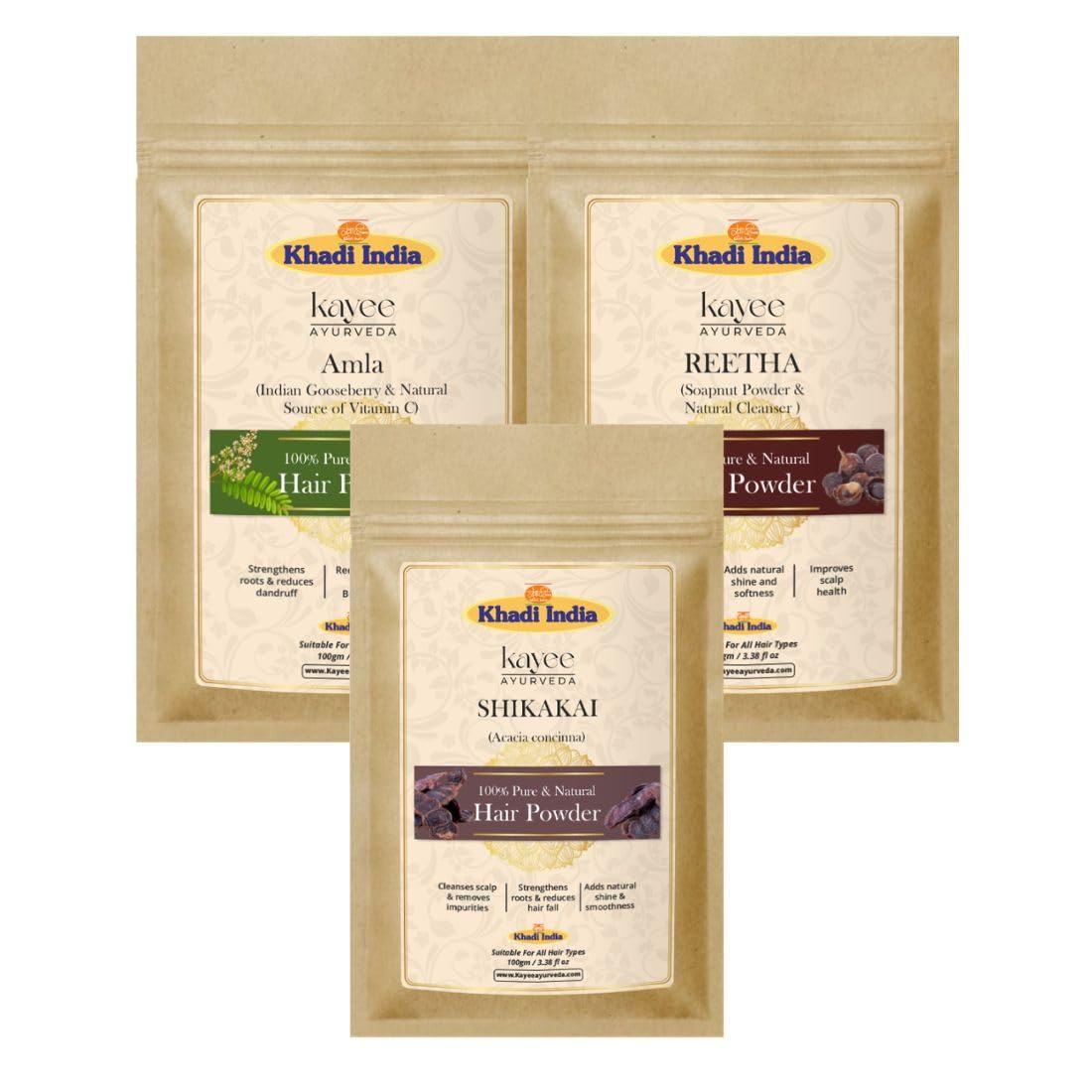Khadi Kayee Ayurveda Amla Reetha Shikakai Hair Powder | Ayurvedic Powder for Hair Growth, Root Strengthening, Scalp Cleansing & Nourishment | Natural Pack for Thick, Soft, Smooth & Healthy Hair | Chemical-Free- Pack of 3-picture-35