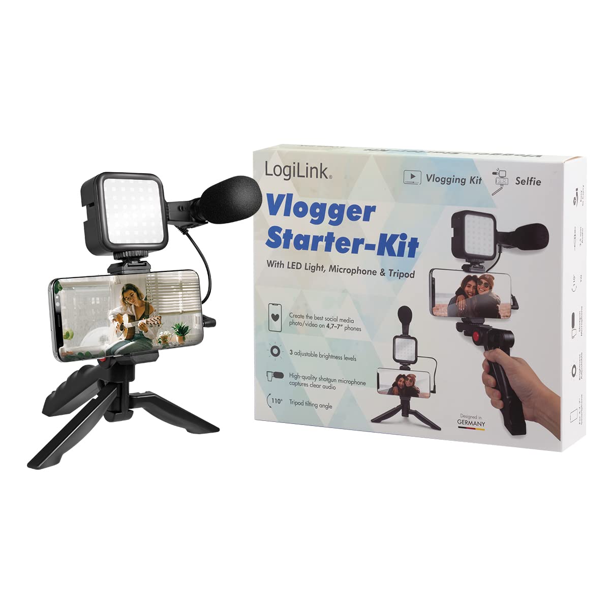 LogiLink Vlogger - Kit con luce LED (36 LED), microfono e treppiede, per smartphone da 4,7 a 7", colore: Nero