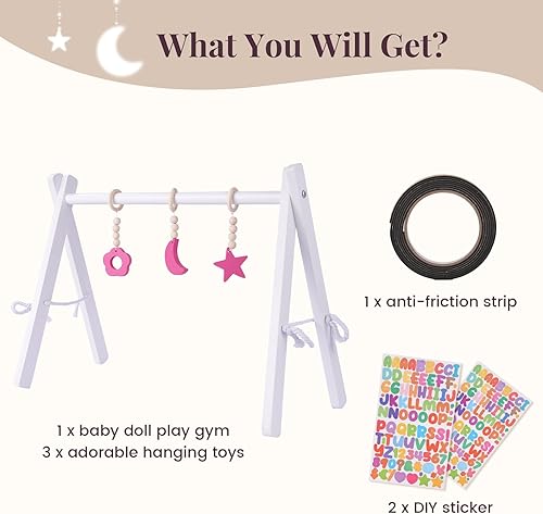 Miniatura 2 de BABESIDE Gimnasio de juego para muñecas de bebé, estante de madera para muñecas con juguetes colgantes, calcomanías de bricolaje, tiras