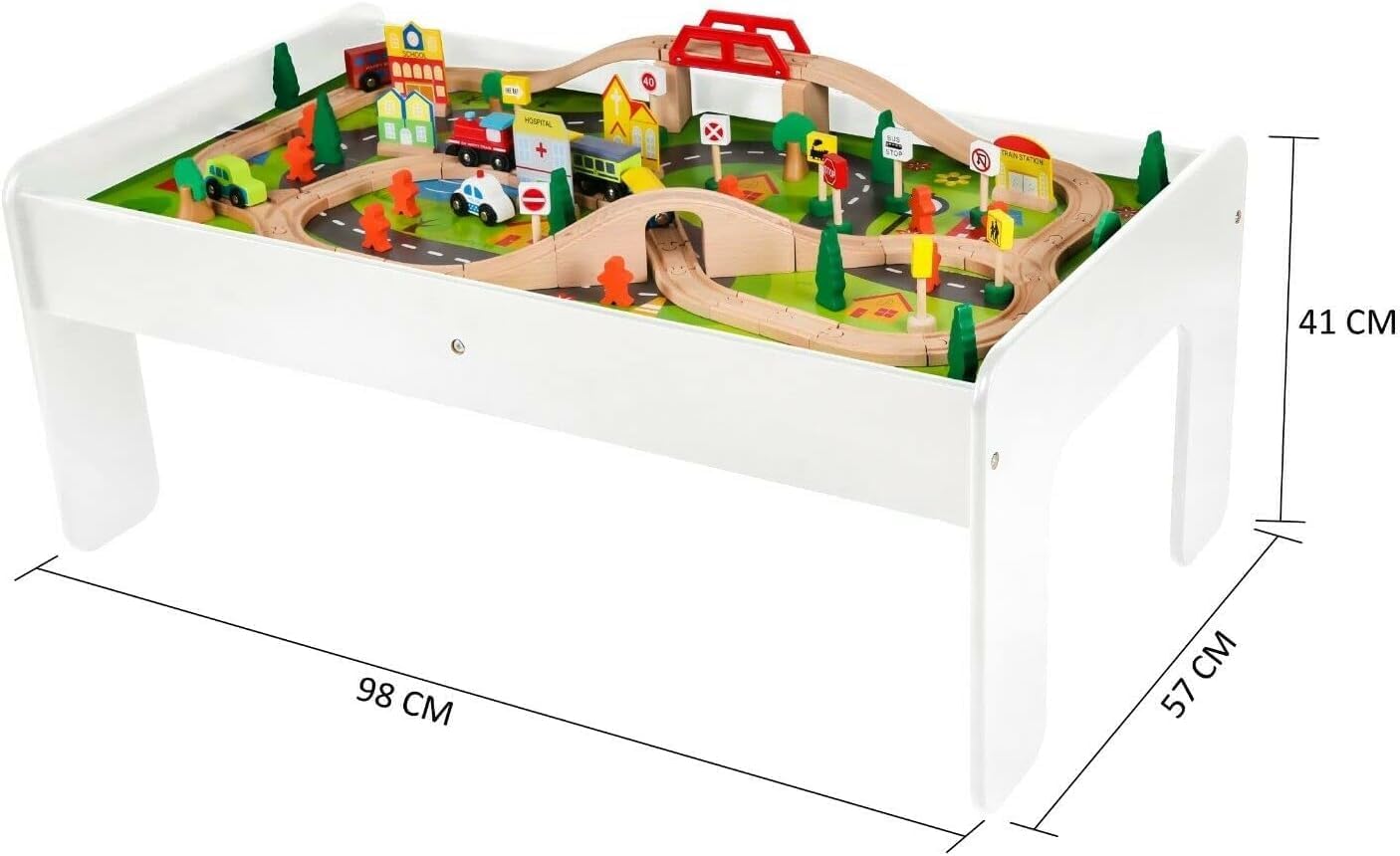 Wooden Train Toy Play Set, Toddlers Reversible Activity Table - 90 Multiple Pieces Tracks, Train, Railway, City Detachable Tabletop Kids Age 3+ Birthday Gift for Boys and Girls