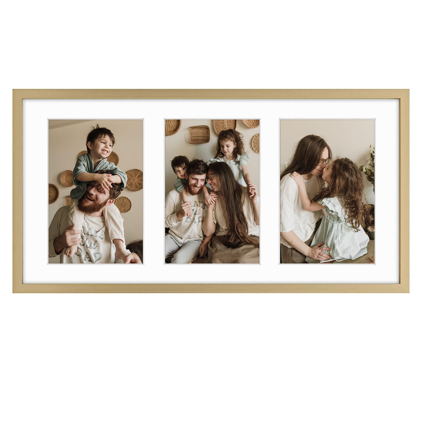 Golden State Art, 4x6 Aluminum Collage Frame, Displays 6x4 Pictures With 3 Openings Mat or One 7x14 Photo, Real Glass, Portrait/Landscape Wall Display, Gold, 1 Pack