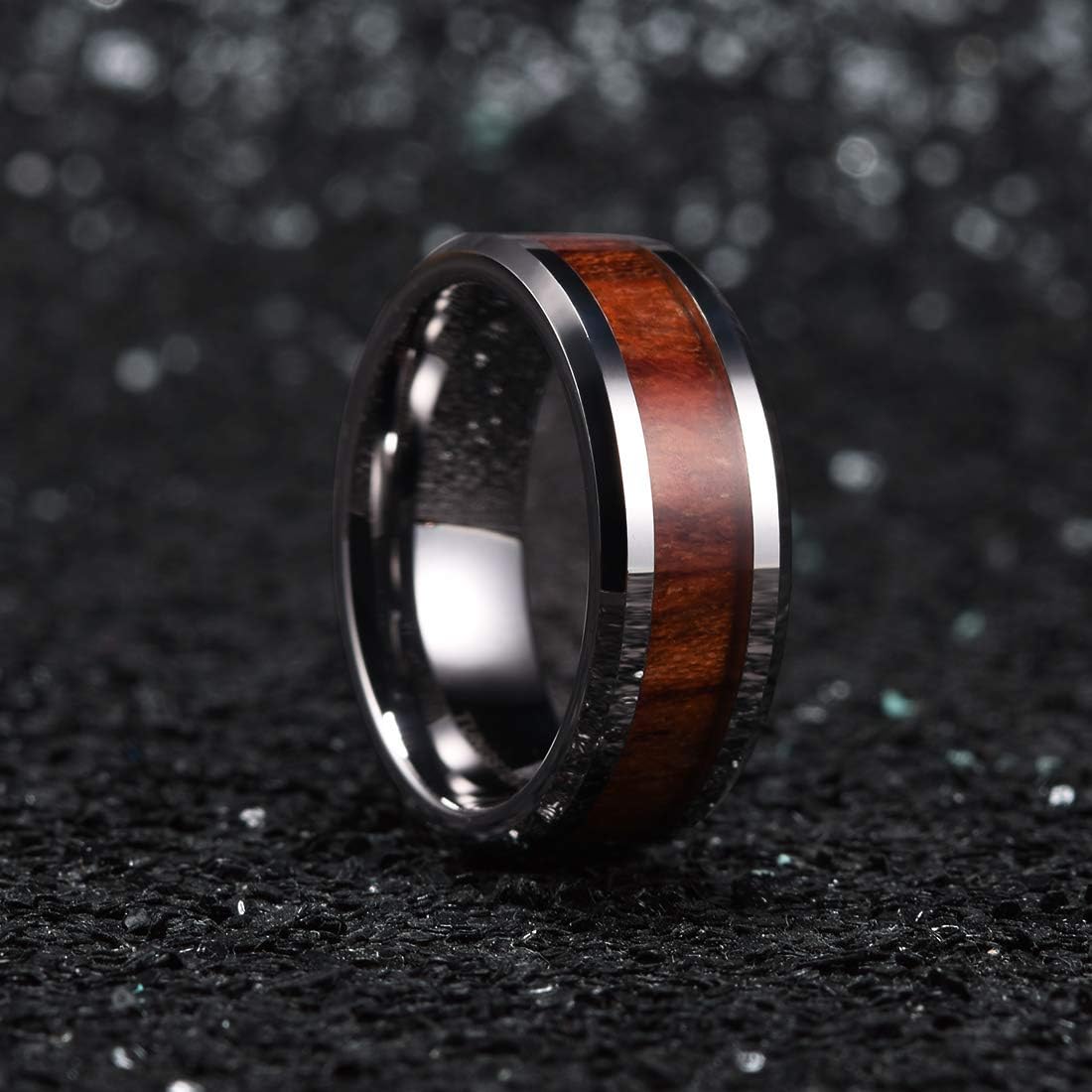 King Will Nature Koa Wood Inlay Tungsten Carbide Wedding Ring 8mm Rose Gold/Blue/Black/Silver High Polished Comfort Fit | 