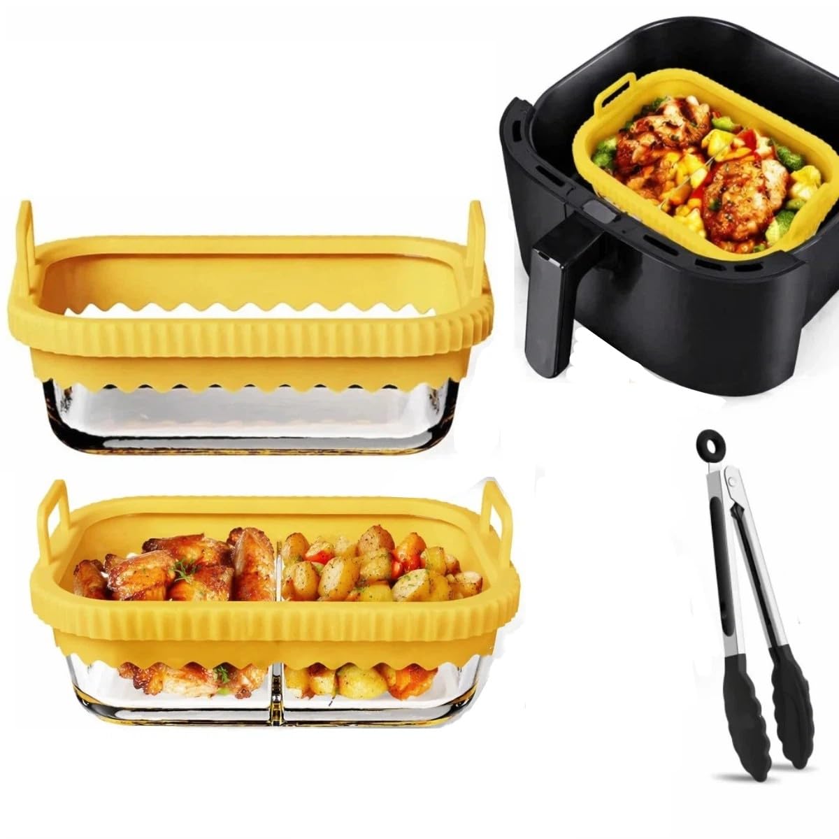 2 Pz Pirofila Airfryer con 1 Pinze da Cucina, Teglia Vetro da Forno con Manici in Silicone rimovibili Pirofila in Vetro Compatibile con Ninja AF400EU/DZ400EU/SL400EU/COSORI/AF500EU, Giallo