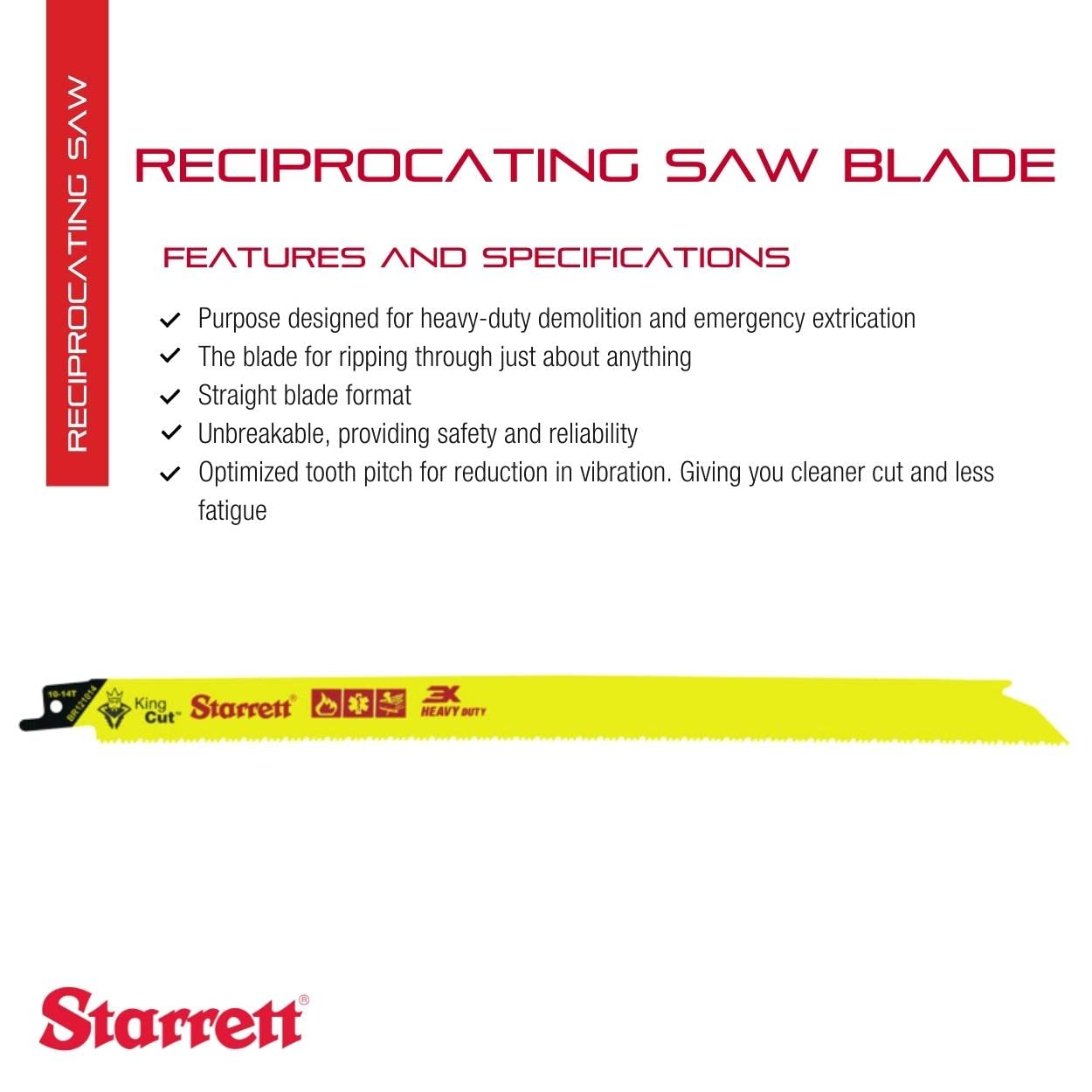 Starrett Bi-Metal King Cut Fire Rescue and Demolition Reciprocating Saw Blade - 12" Length, 3/4" Width, 0.50" Thickness, Straight Blade, 10-14 TPI - 5-Pack - BR121014-5