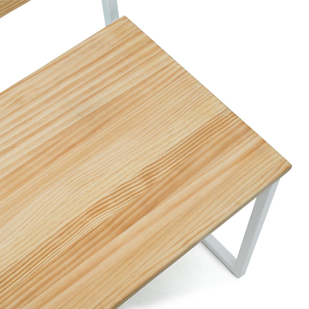 BOX FURNITURE Banco Industrial con Respaldo, Madera de Pino Natural, Blanco, 104x44x86 cm, Acero Lacado, Estilo Nórdico Industrial
