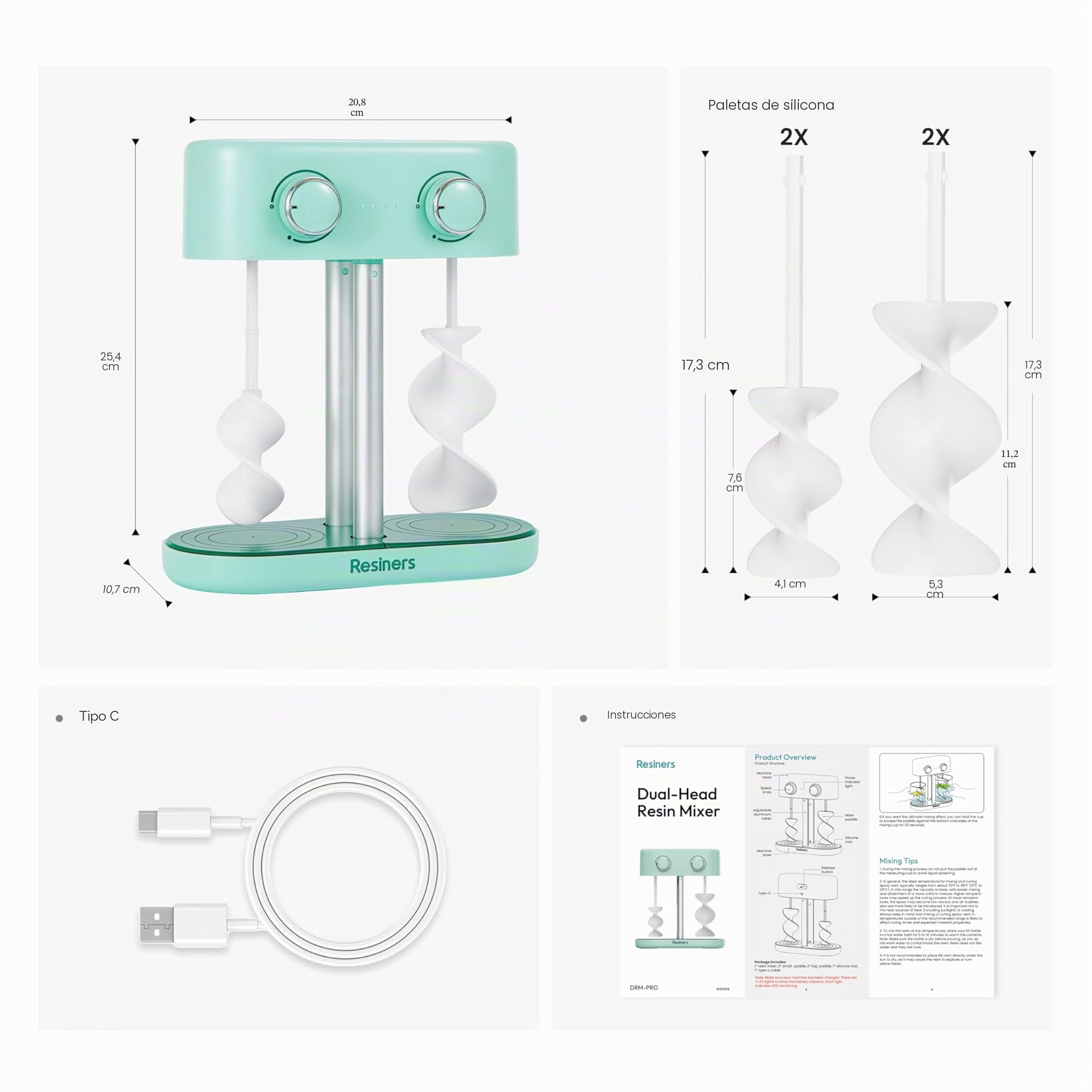Resiners Mezclador de Resina Dual-Head, Mezclador de Epoxi Recargable, Velocidad Sin Escalas y Mínimas Burbujas, Palas de Silicona Eléctricas en Espiral para Mezcla de Resina, Silicona y Pintura