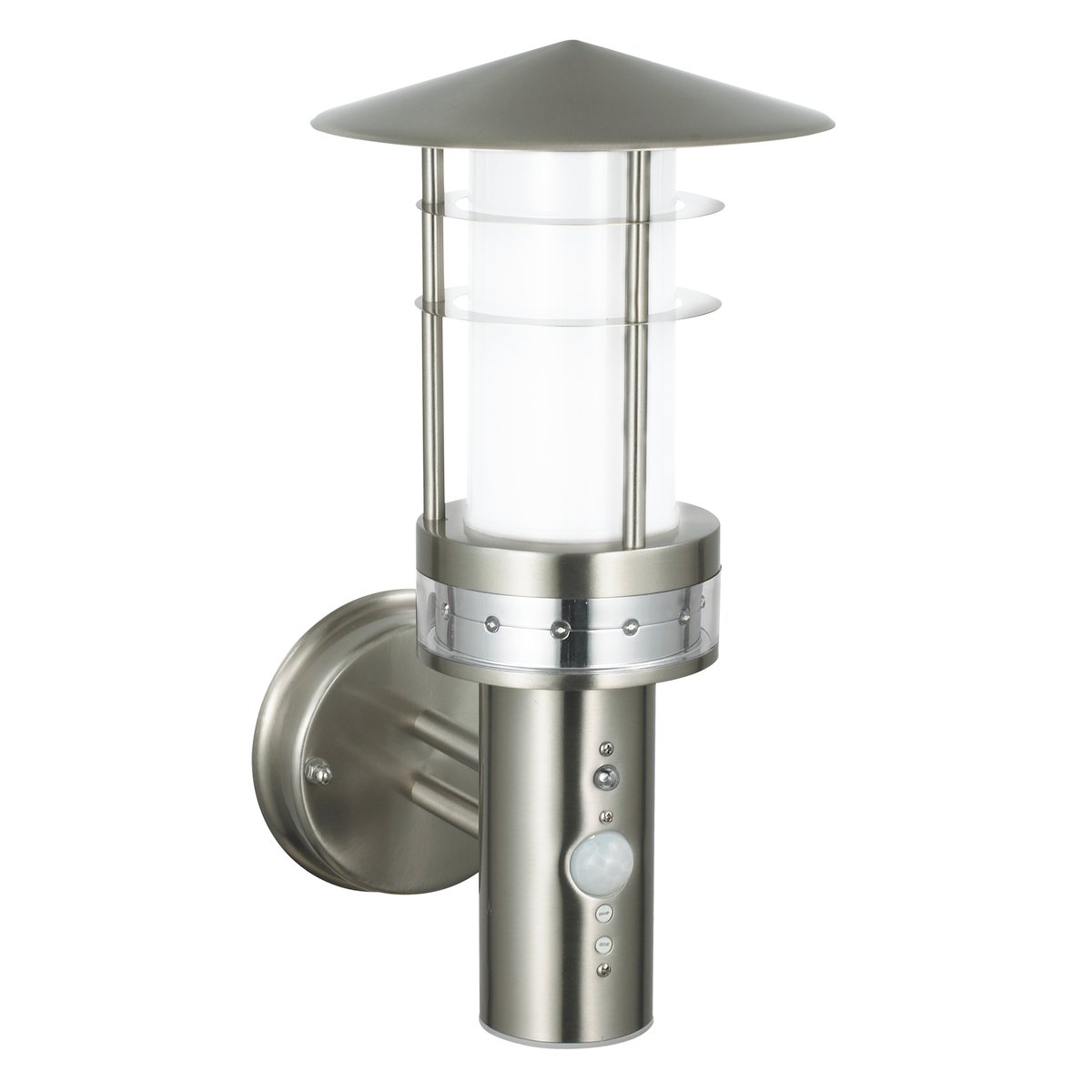 Pagoda Brushed Stainless Steel Finish Outdoor Garden Porch Security Photocell PIR Motion Sensor Presence Detector LED Compatible Wall Light IP44 Rated