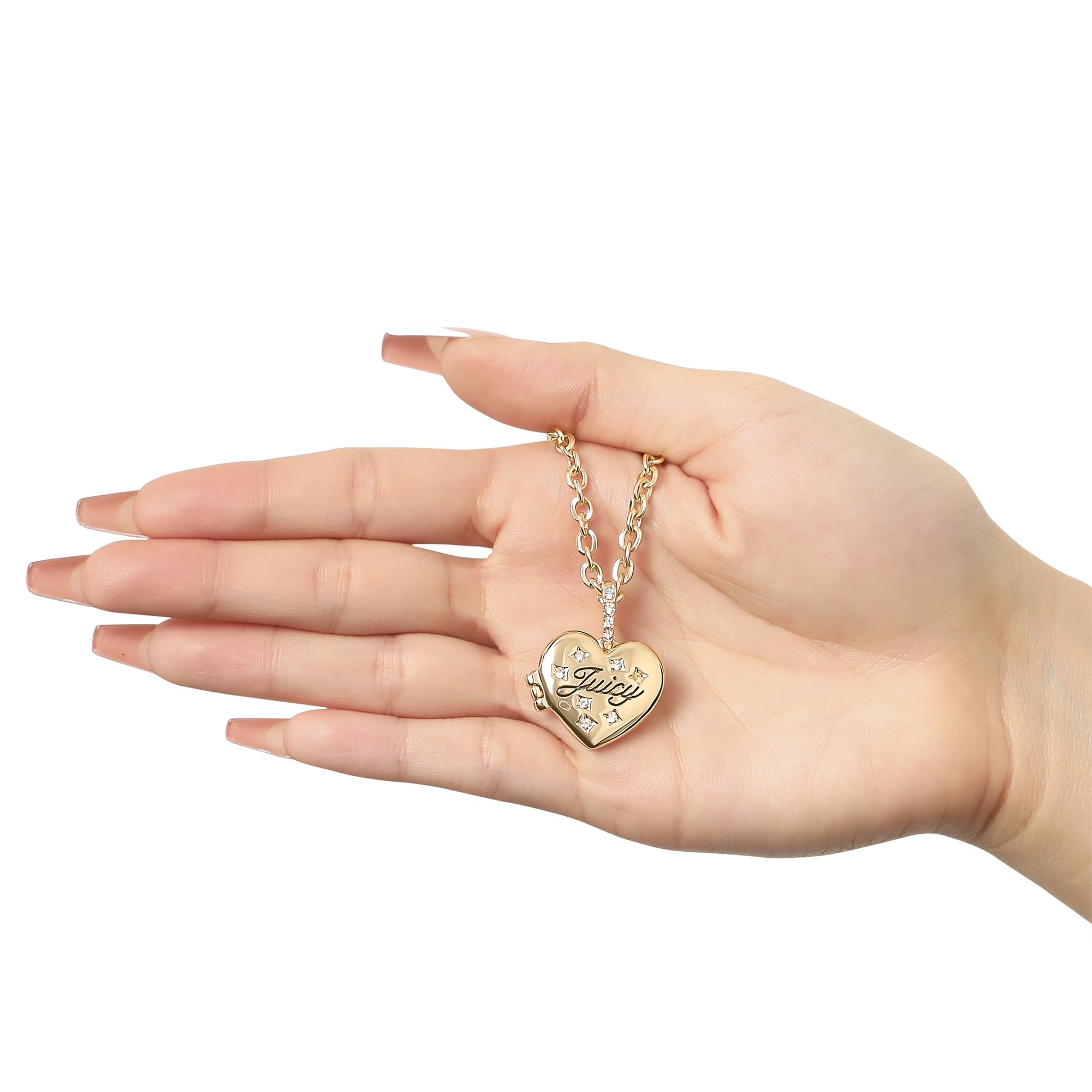 Juicy Couture Heart Locket Necklace for Women 18"+2", Gold-Tone Constellation Heart Necklace with Clear Stones and Logo