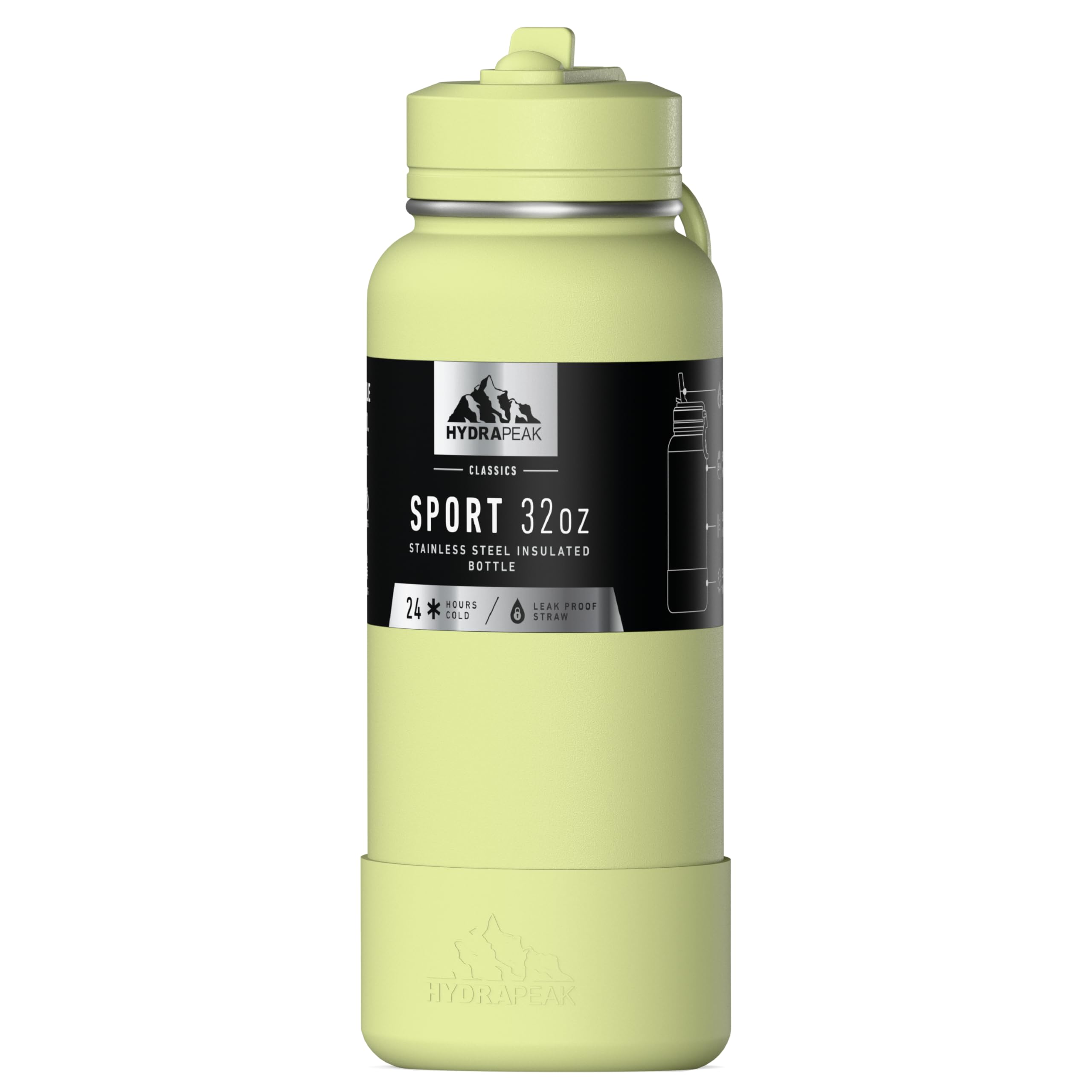 Hydrapeak 32oz Sport Insulated Water Bottle with Straw or Chug Lid, Leak & Spill Proof, Keeps Drinks Cold for 24 Hours, Hot for 12 Hours, Premium Stainless Steel Water Bottles (32oz, Citrus)