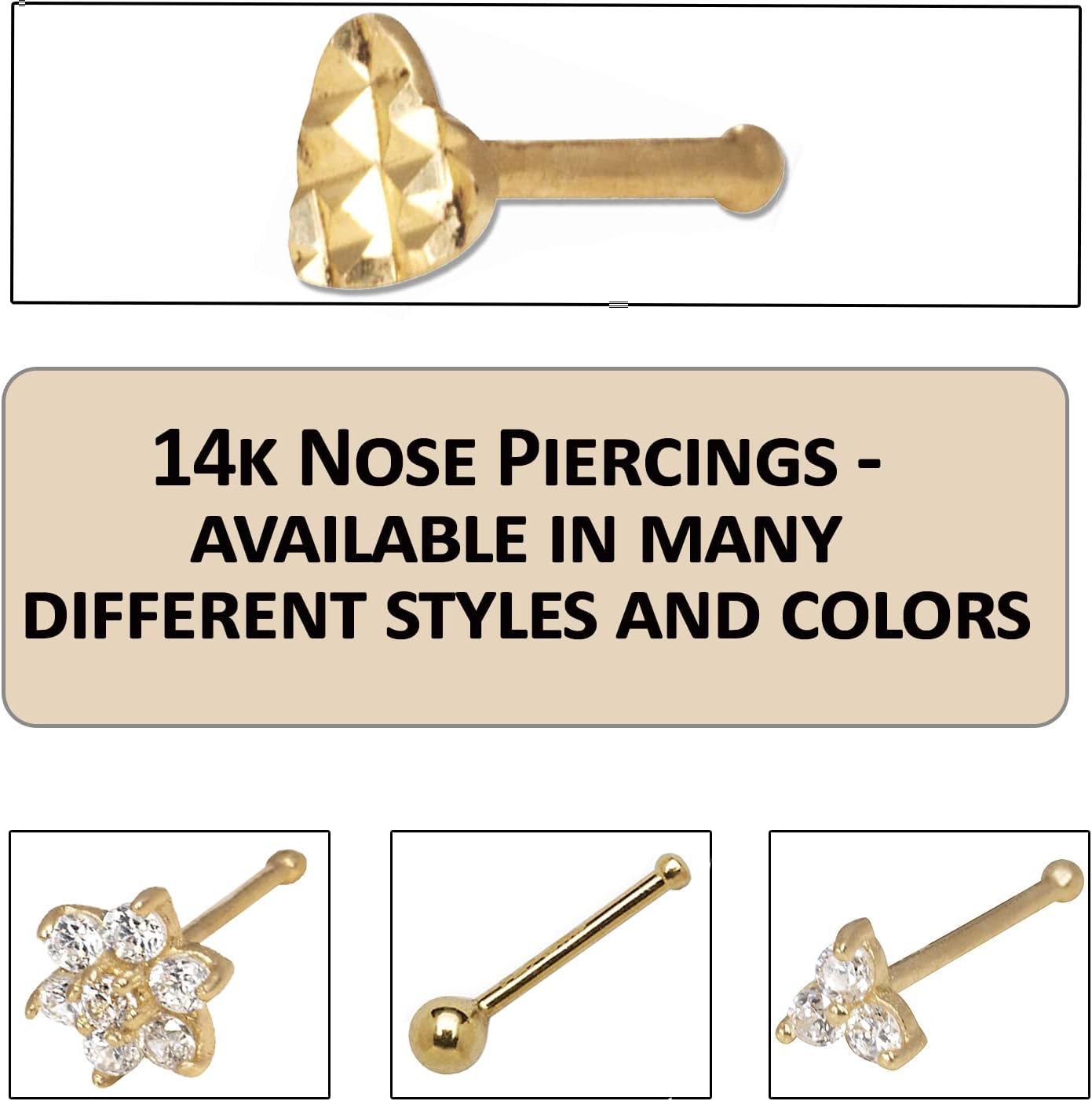 JewelryWeb 14K Real Gold 3mm Textured Heart Nose Stud – 20 Gauge Threadless Nose Ring – Yellow & White Gold – Hypoallergenic Piercing Jewelry for Sensitive Skin