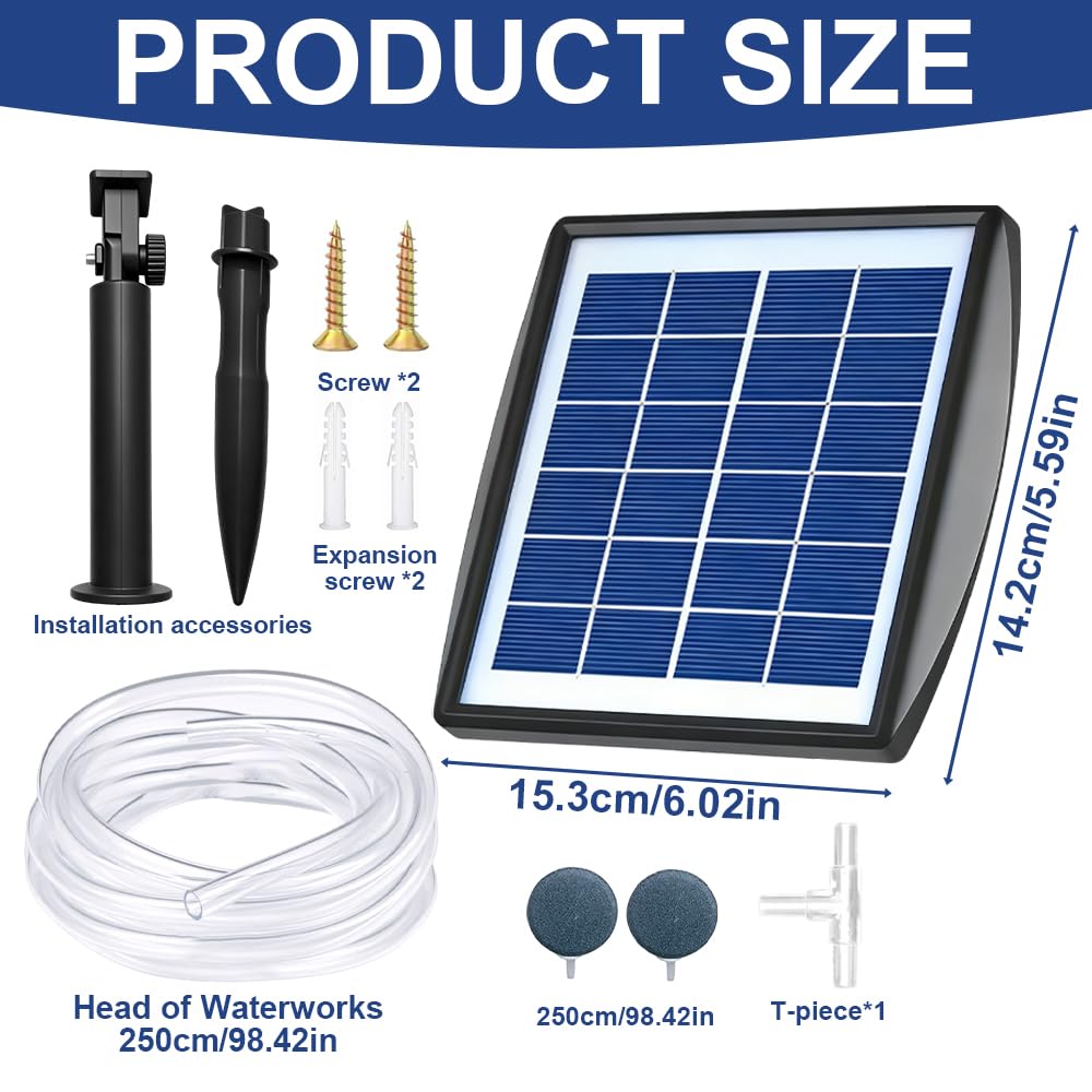 Ossigenatore per Laghetto, 2W Ossigenatore Laghetto con Batteria da 2200 mAh, 2 Mode Pompa Laghetto Solare con Pietra Aerea e Tubo, per Laghetti da Giardino, Pesca e Coltura Idroponica