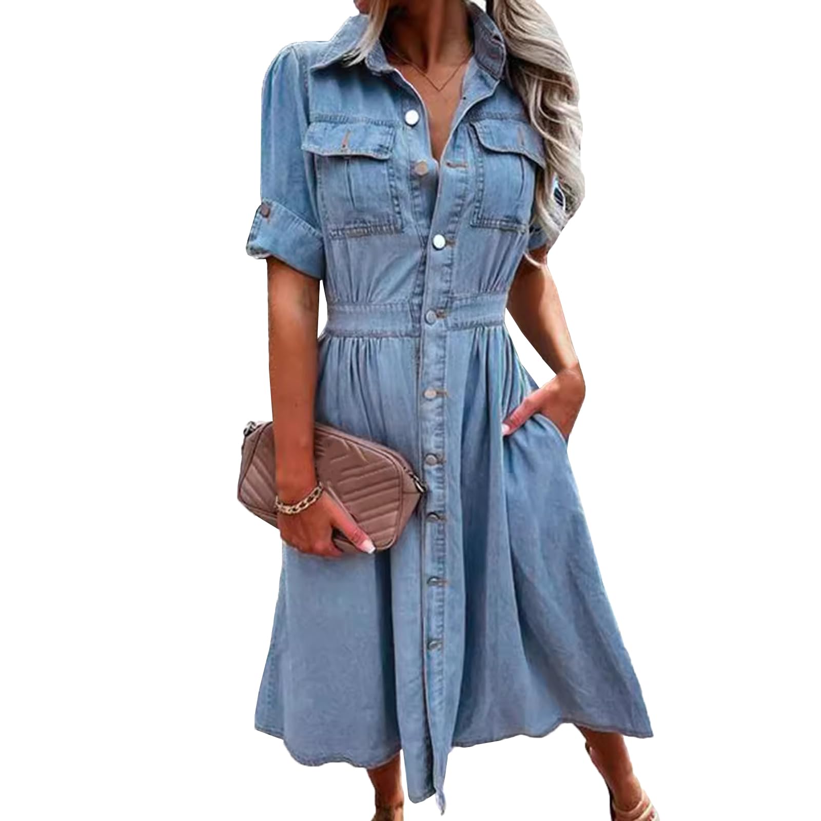 Cffvdiz Denimowa sukienka damska z krótkim rękawem Lapel Button Down Slim Fit Maxi Denim Jean Dress