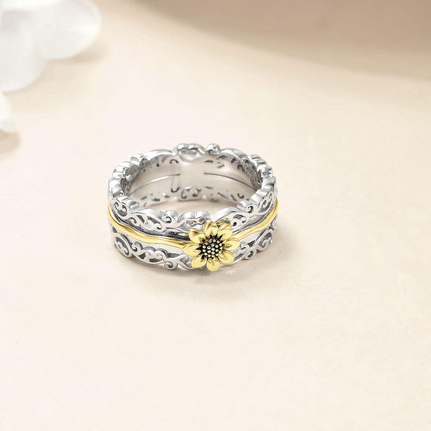 VONALA Filigree Sunflower Fidget Rings for Anxiety 925 Sterling Silver Sunflower Cross Moonstone Moss Agate Spinner Rings for Women Anti Stress Mood Rings Gifts Band Wide - Image 5