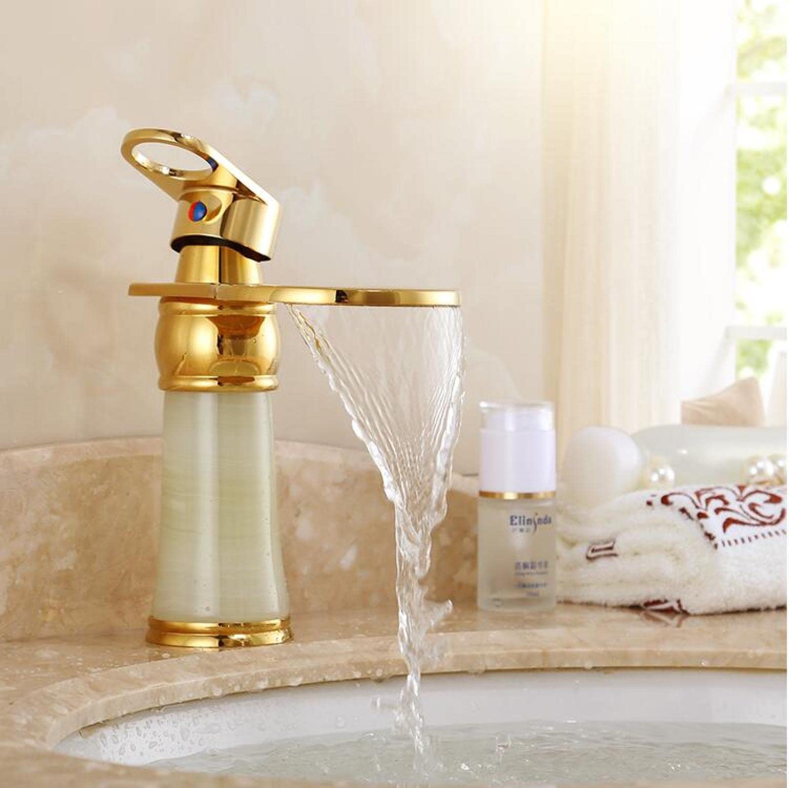 WENKA Bathroom Faucet Hot and Cold Crane Brass and Jade Basin Faucet Waterfall Faucet Sink Faucet Single Handle Water Tap