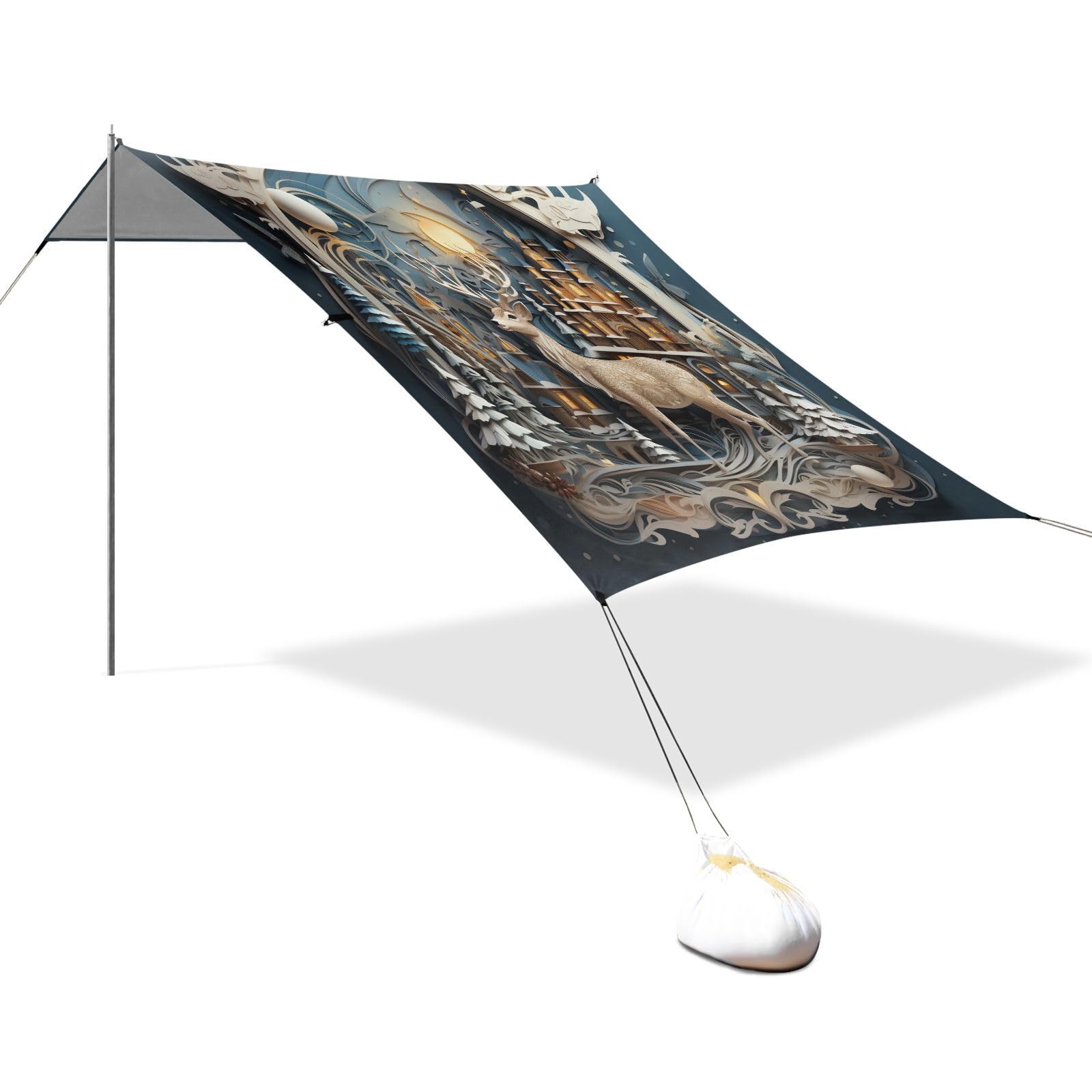 Ciervos De Arte De Navidad Tienda de Playa de FáCil Montaje,Toldo Parasol para Camping con Sacos de Arena,Palas y Estacas para Picnics Al Aire Libre