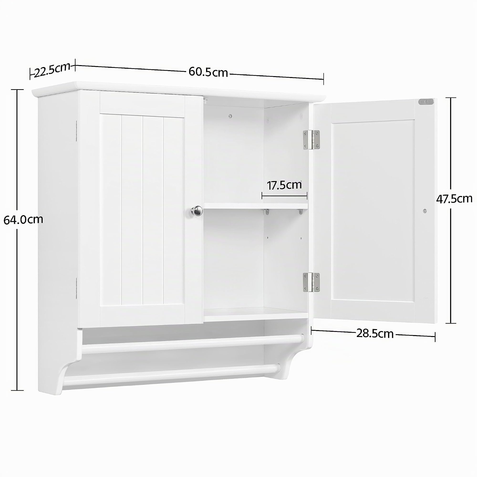 Yaheetech Badezimmerschrank Hängeschrank Wandschrank mit 2 Türen & Handtuchhalter Badschrank mit Höhenverstellbarem Einlegeboden Küchenschrank Oberschrank Weiß BHT ca: 60,5x64x22,5cm