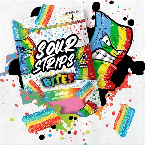 Image of SOUR STRIPS Bites Rainbow Flavored Chewy Candy Bag, 6.35 oz | Rainbow sour candy Bites in a resealable bag for parties, snacking and sharing.