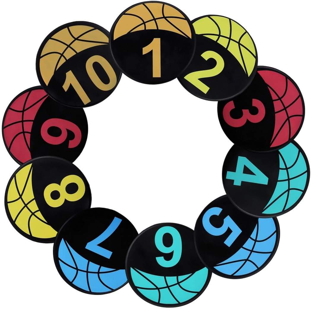 10 Pcs Sports Court Spot Markers, Numbered 9 Inch Basketball Floor Discs, Round Anti-Slip Colored Markers for Dribbling and Coaching Drills