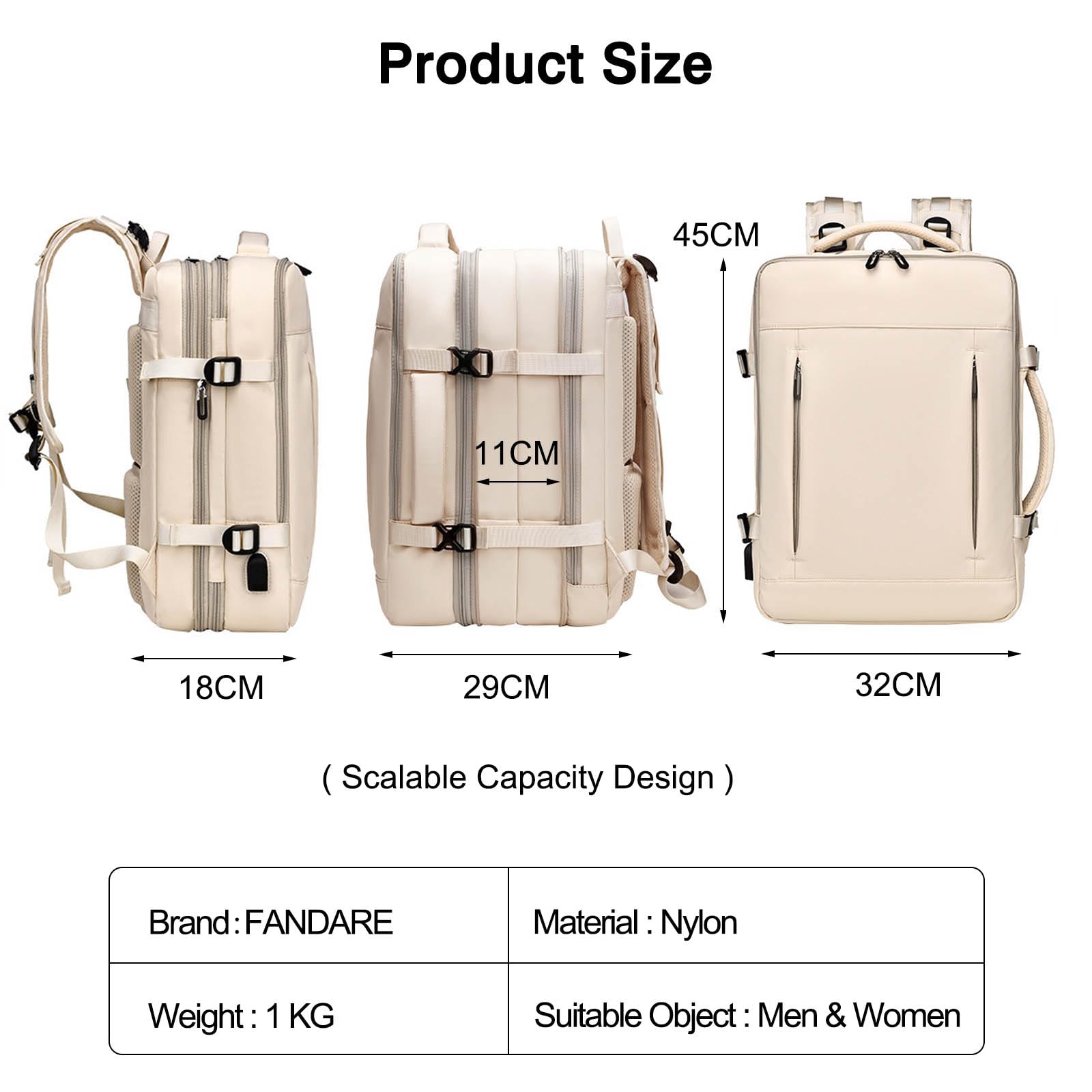 FANDARE Mochila Viaje Expandible 24-42L Equipaje de Mano Bolsa de Viaje para Mujer Hombre Laptop Bolso de Mano con USB Bolsa de Mano Mochila Viaje Cabina Avion Bolsos para Negocio Trabajo Blanco