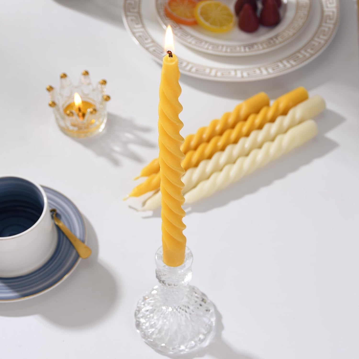 16PCS 10-Inch Pure Beeswax Spiral Taper Candles, Twisted Stick Candles, Dripless & Unscented for Weddings, Christmas, Dinner, Meditation - Natural Yellow