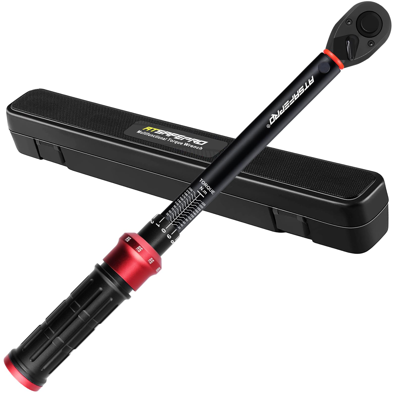 ATsafepro Llave dinamométrica de 1/2 pulgada, llave dinamométrica de coche de 20-230 Nm, llave de rueda de automóvil ajustable de doble dirección de 72 dientes para mantenimiento de automóviles, ± 3%