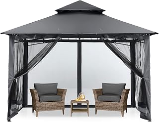 MASTERCANOPY 9x9 Outdoor Patio Gazebo with Netting Walls, Rustproof Steel Frame, UV Protection, Dark Gray