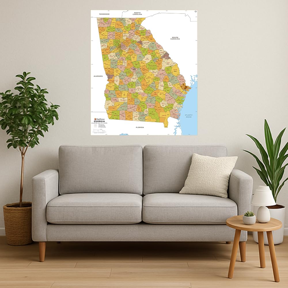 Mapa de código postal de Georgia con condados, estándar, 36 x 42.25 pulgadas, laminado