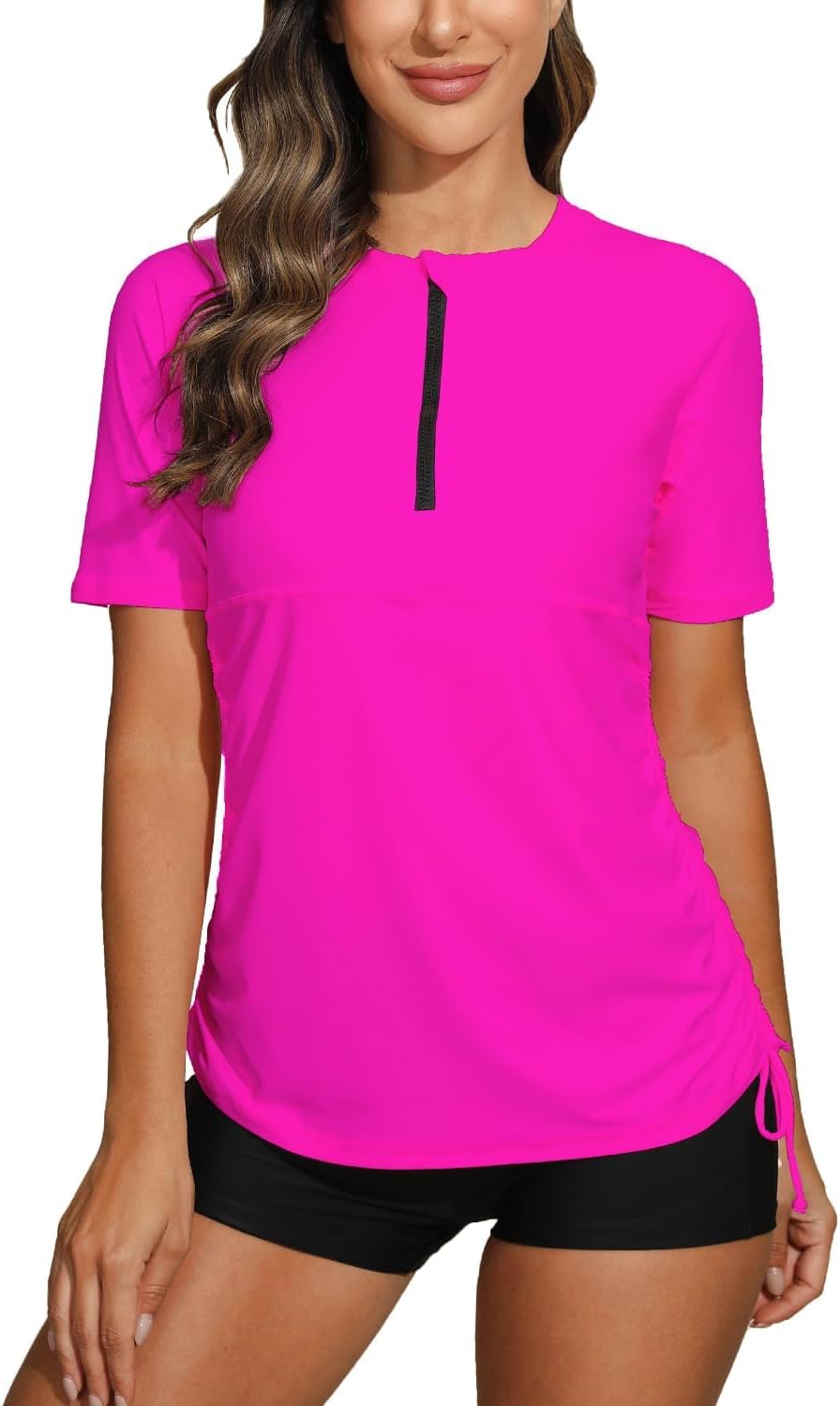 Halcurt Women's Half Zip Short Sleeve Rash Guard Swim Shirt with Tie Drawstring UPF50+ Swimsuit Top