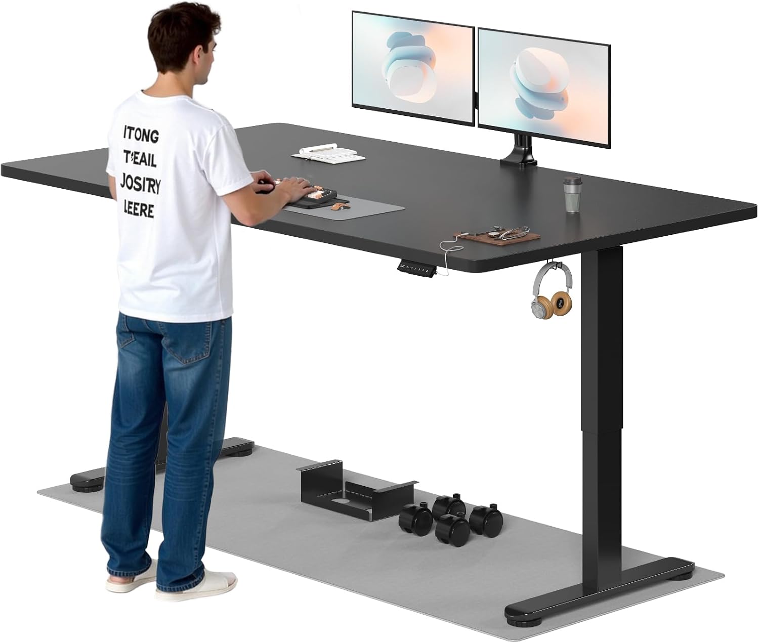 TRIUMPHKEY Height-Adjustable Desk 200 x 80 cm Electric Standing Desk with Dual Motor Touch Screen USB-A & Cable Management 25 mm One-Piece Table Top Ergonomic Office Table Black